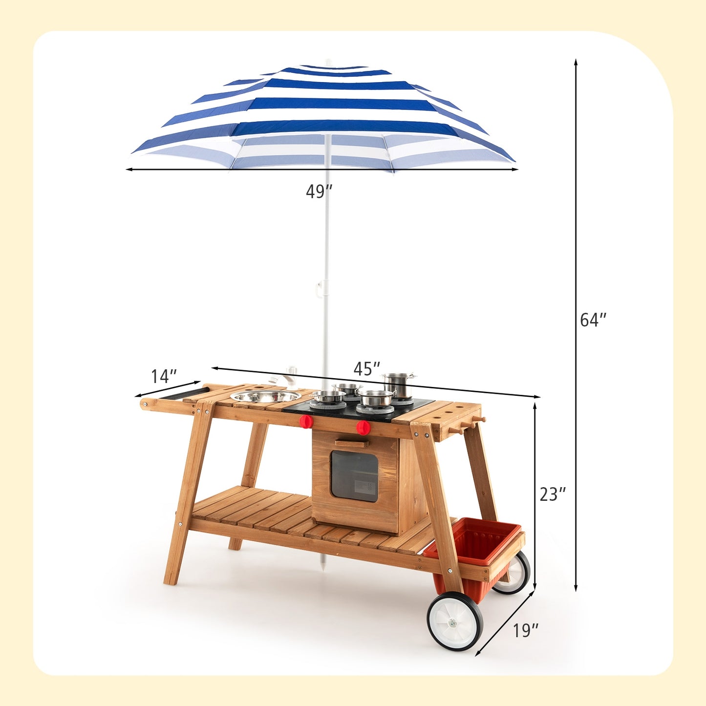 Wooden Play Cart with Sun Proof Umbrella for Toddlers Over 3 Years Old-Blue Kids Crystal