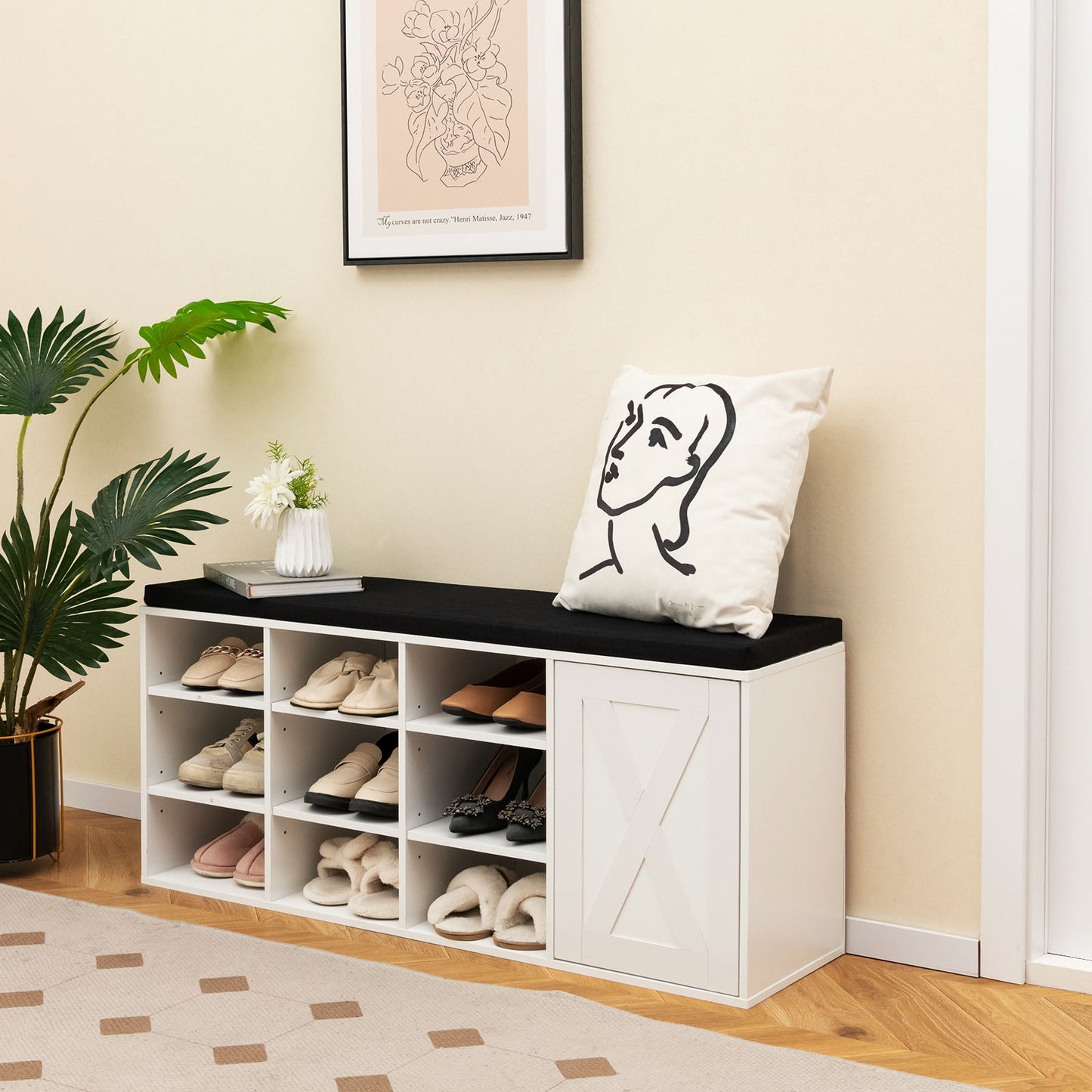 9-cube Shoe Bench with Adjustable Shelves and Removable Padded Cushion-White Kids Crystal