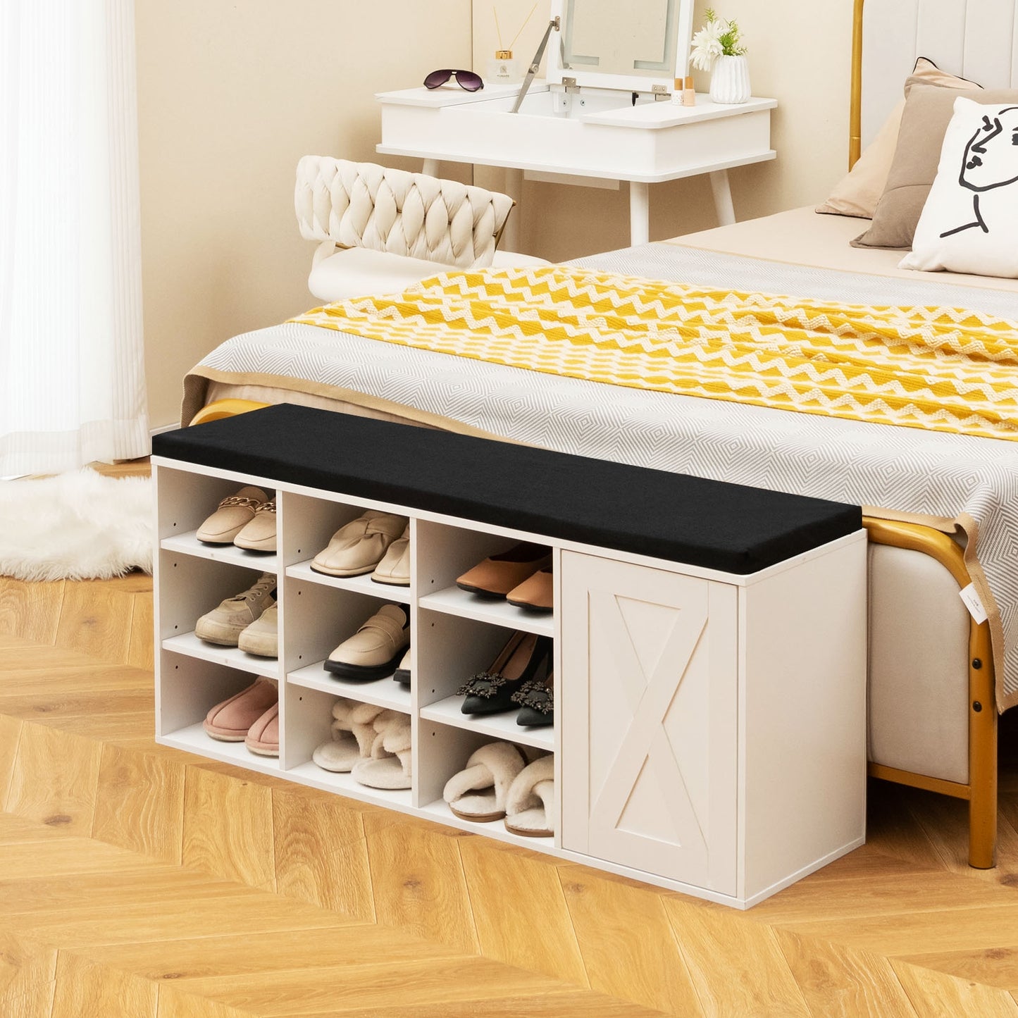 9-cube Shoe Bench with Adjustable Shelves and Removable Padded Cushion-White Kids Crystal