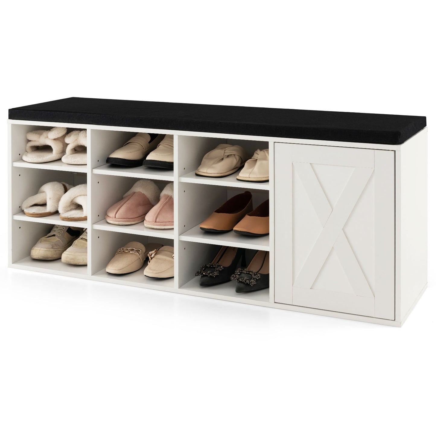 9-cube Shoe Bench with Adjustable Shelves and Removable Padded Cushion-White Kids Crystal