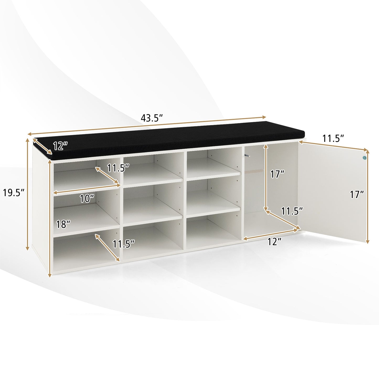 9-cube Shoe Bench with Adjustable Shelves and Removable Padded Cushion-White Kids Crystal
