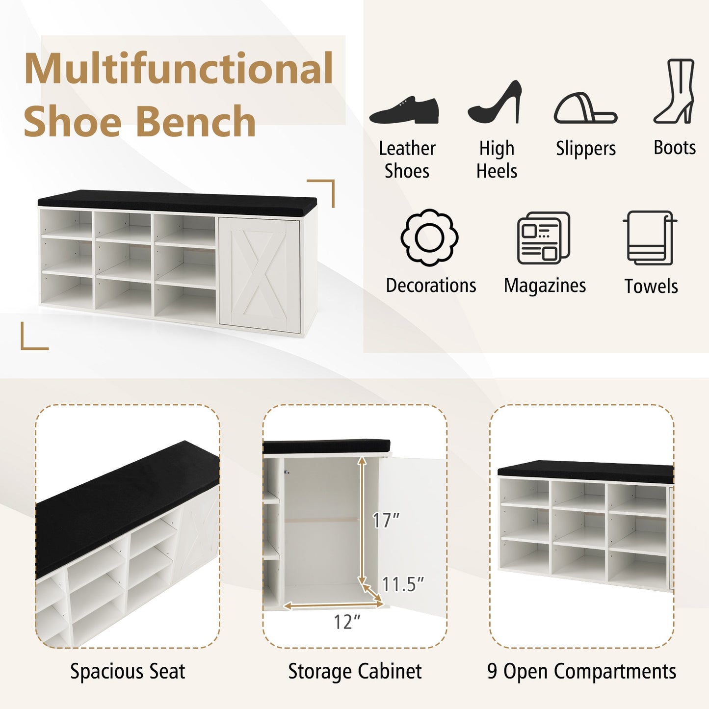 9-cube Shoe Bench with Adjustable Shelves and Removable Padded Cushion-White Kids Crystal