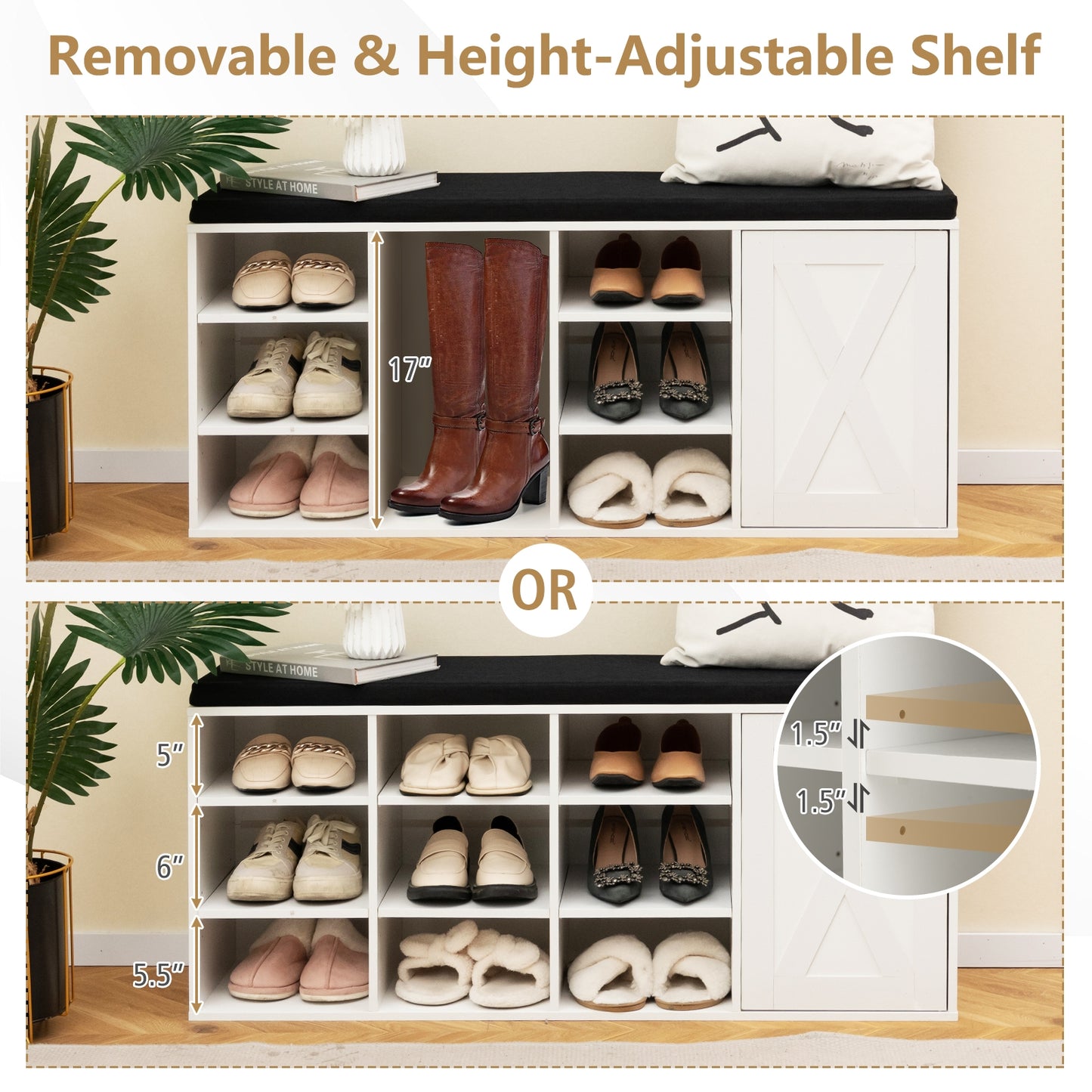 9-cube Shoe Bench with Adjustable Shelves and Removable Padded Cushion-White Kids Crystal