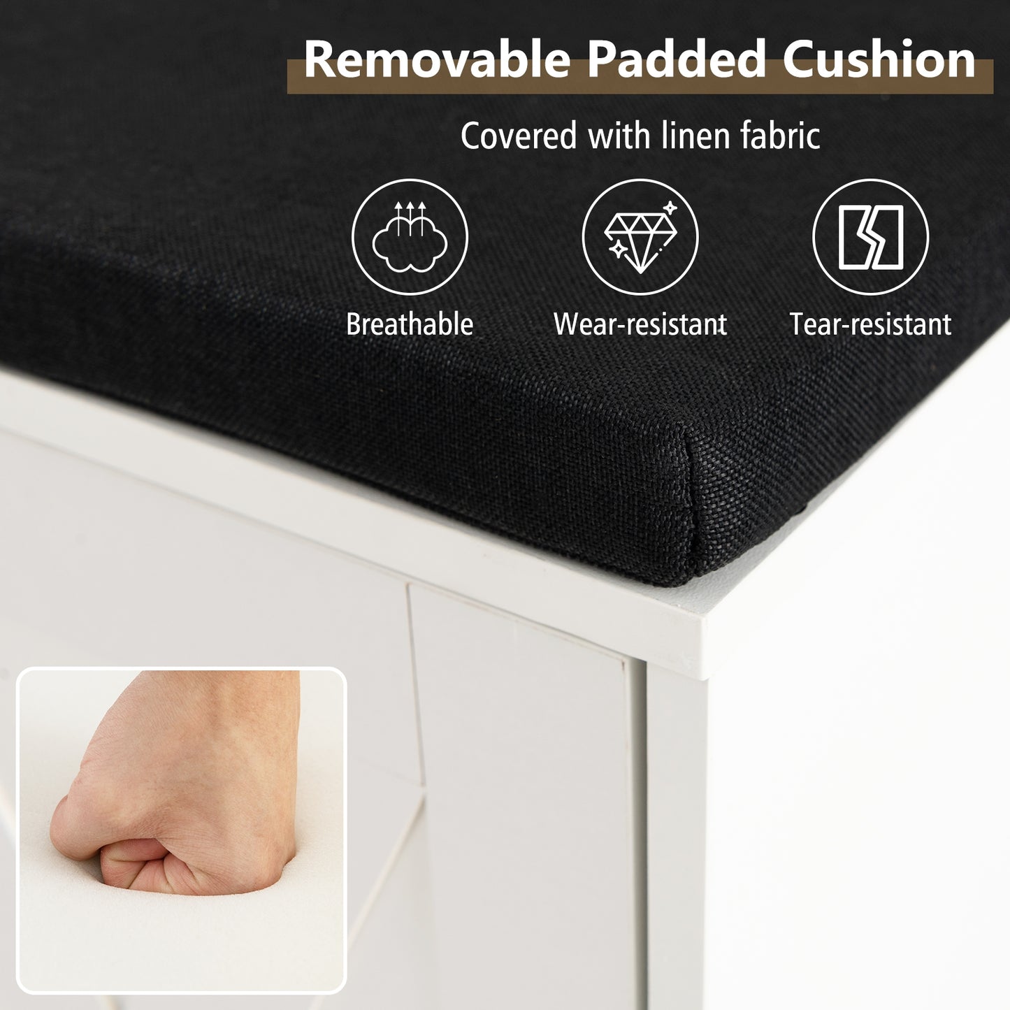 9-cube Shoe Bench with Adjustable Shelves and Removable Padded Cushion-White Kids Crystal