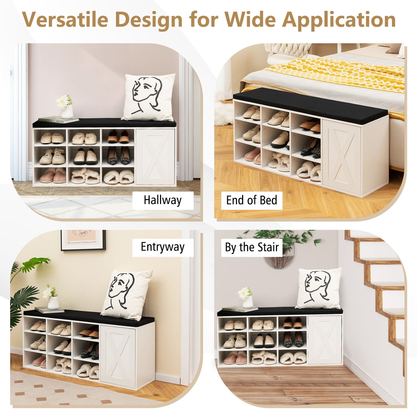 9-cube Shoe Bench with Adjustable Shelves and Removable Padded Cushion-White Kids Crystal