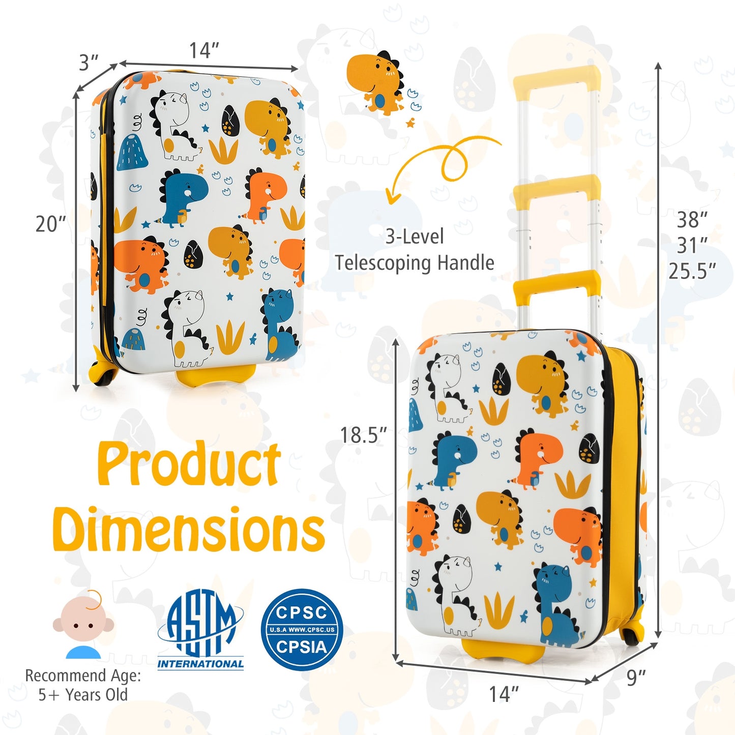 20 Inch Kids Rolling Luggage Foldable Hardshell Carry-on Suitcase on Wheels-Yellow Kids Crystal