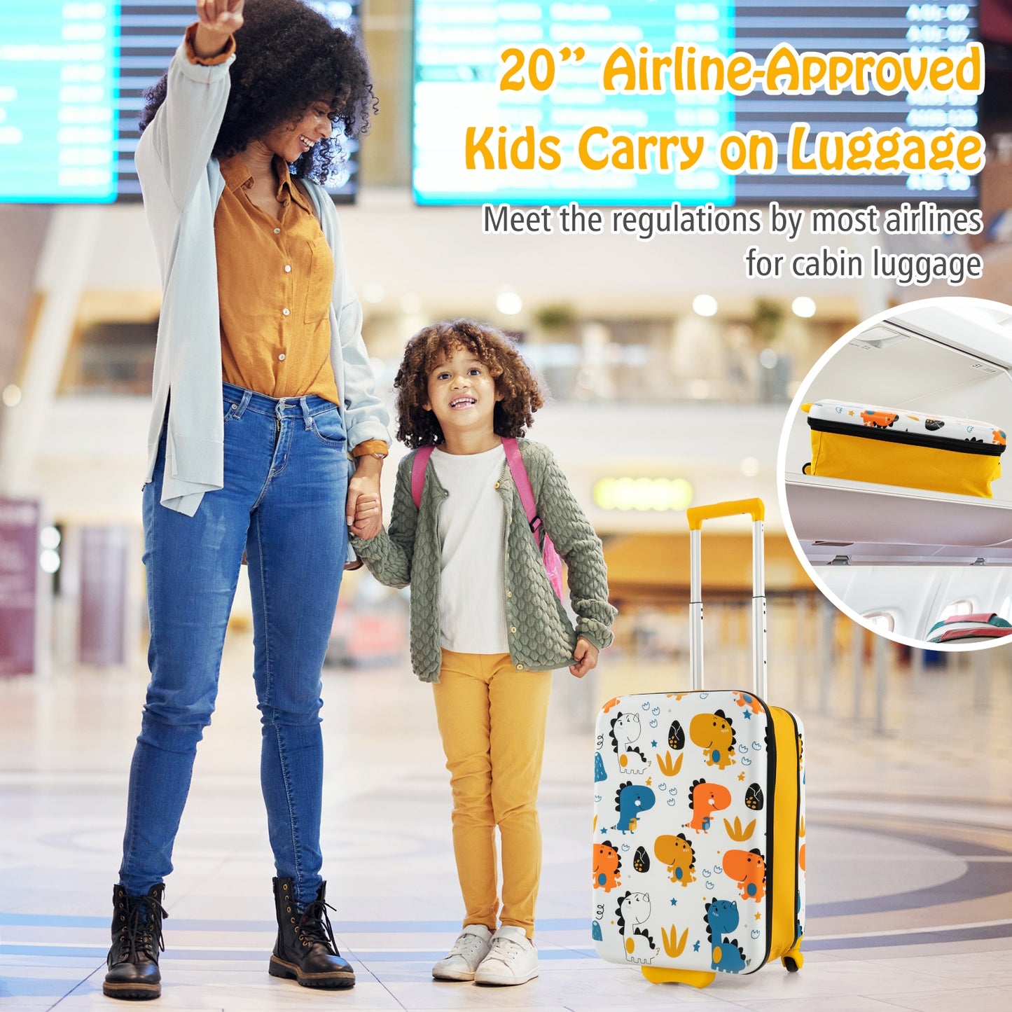 20 Inch Kids Rolling Luggage Foldable Hardshell Carry-on Suitcase on Wheels-Yellow Kids Crystal