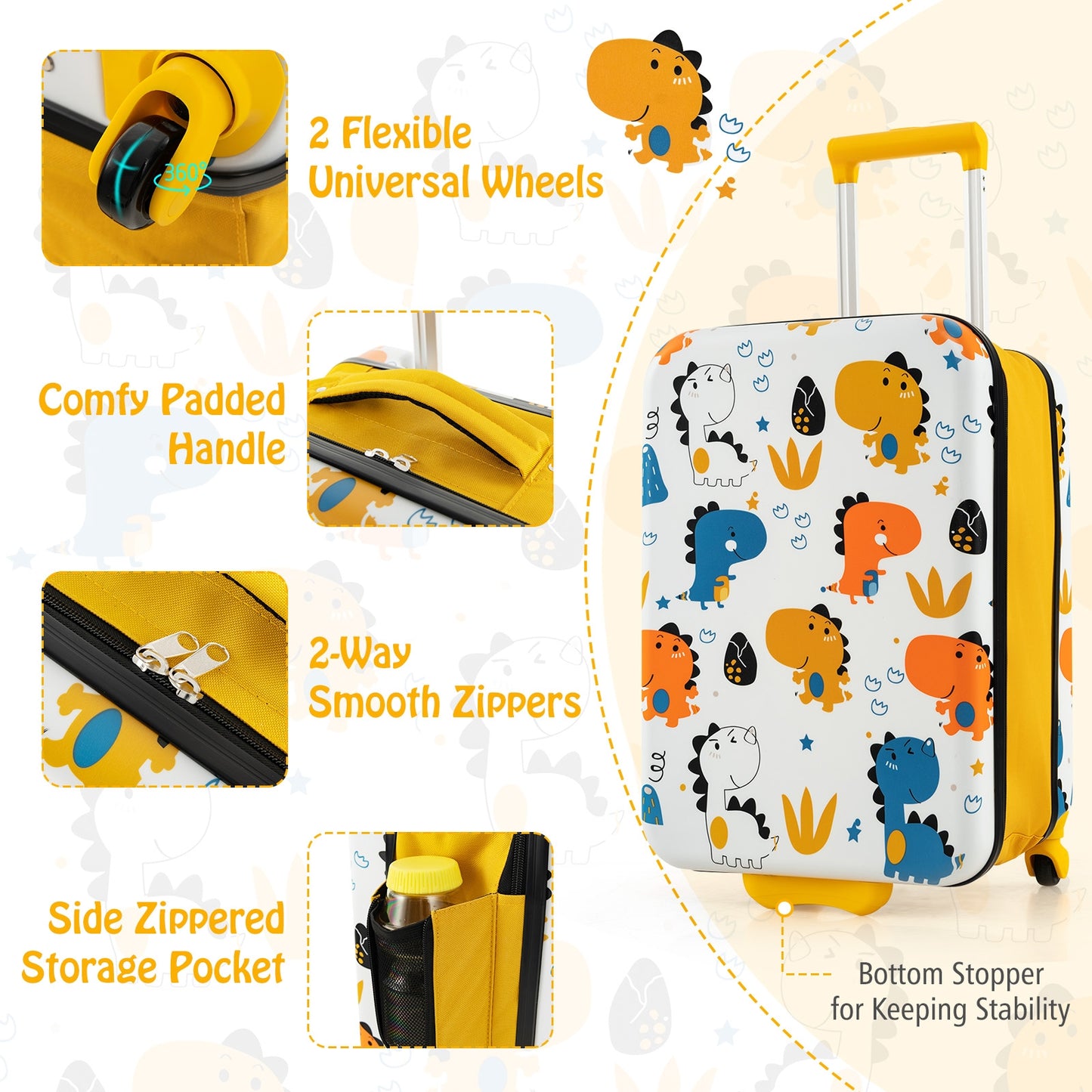 20 Inch Kids Rolling Luggage Foldable Hardshell Carry-on Suitcase on Wheels-Yellow Kids Crystal