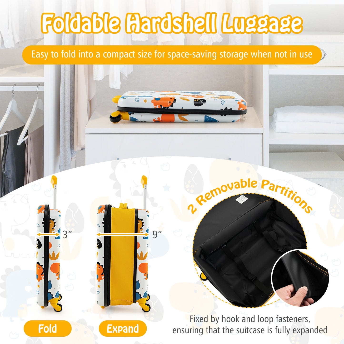 20 Inch Kids Rolling Luggage Foldable Hardshell Carry-on Suitcase on Wheels-Yellow Kids Crystal