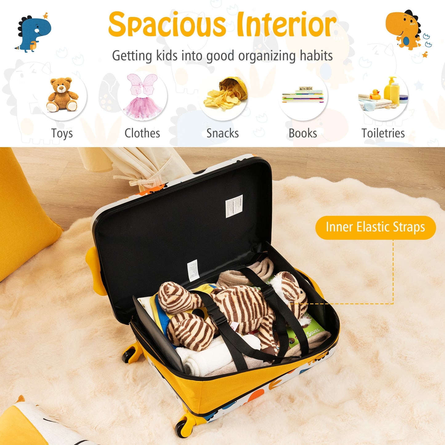 20 Inch Kids Rolling Luggage Foldable Hardshell Carry-on Suitcase on Wheels-Yellow Kids Crystal