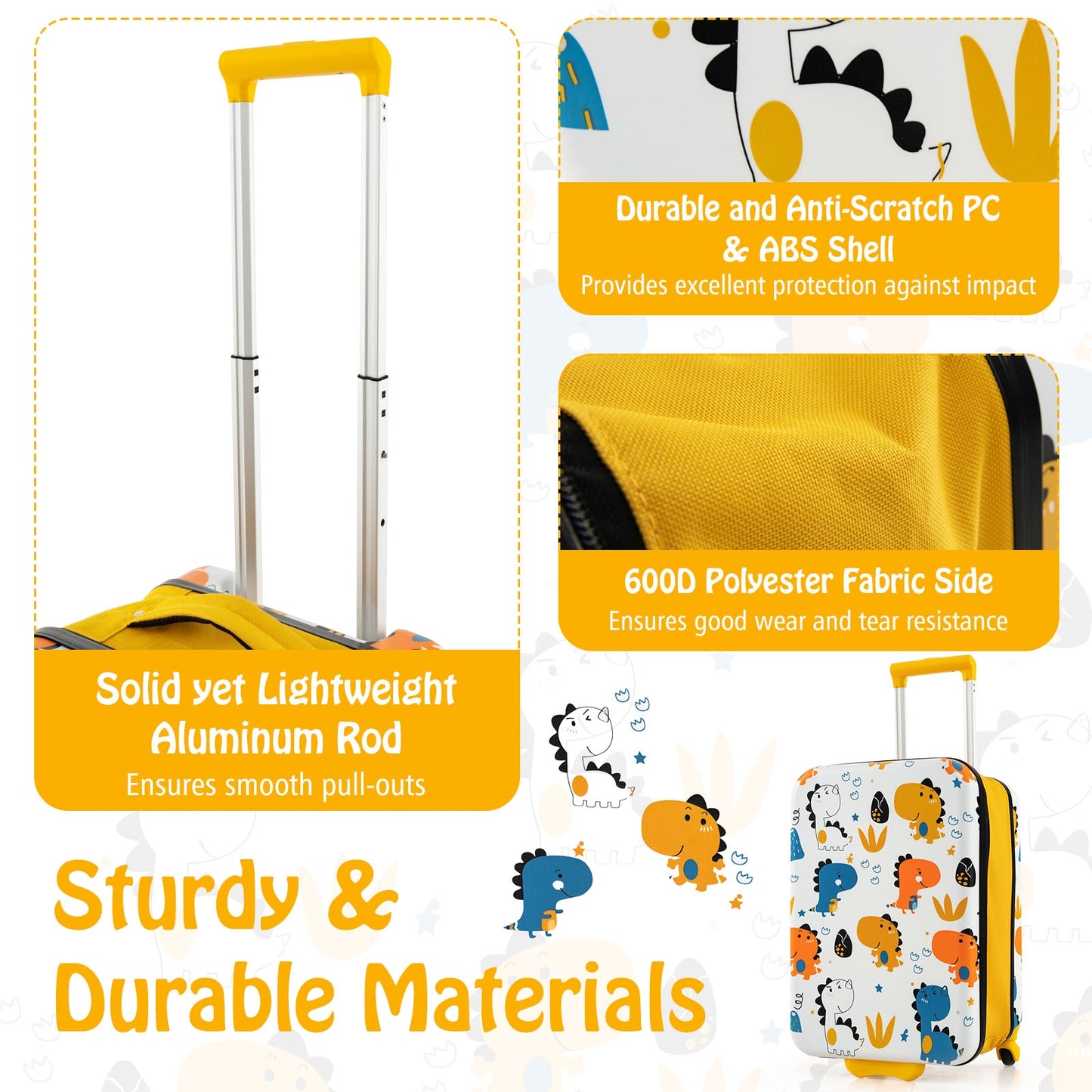 20 Inch Kids Rolling Luggage Foldable Hardshell Carry-on Suitcase on Wheels-Yellow Kids Crystal