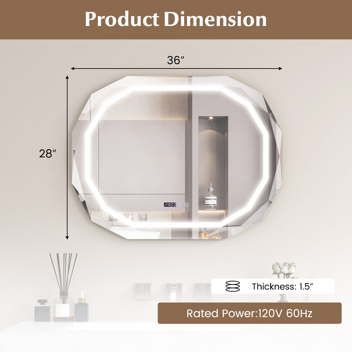 Anti-Fog Bathroom Mirror with 3 Color LED Light Memory Function Kids Crystal