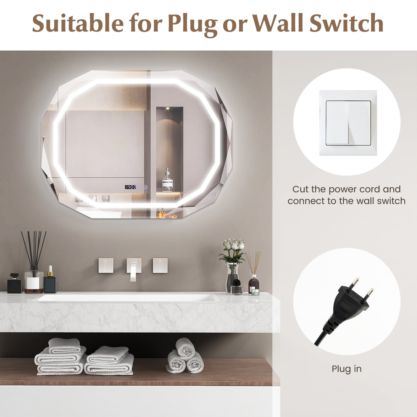 Anti-Fog Bathroom Mirror with 3 Color LED Light Memory Function Kids Crystal