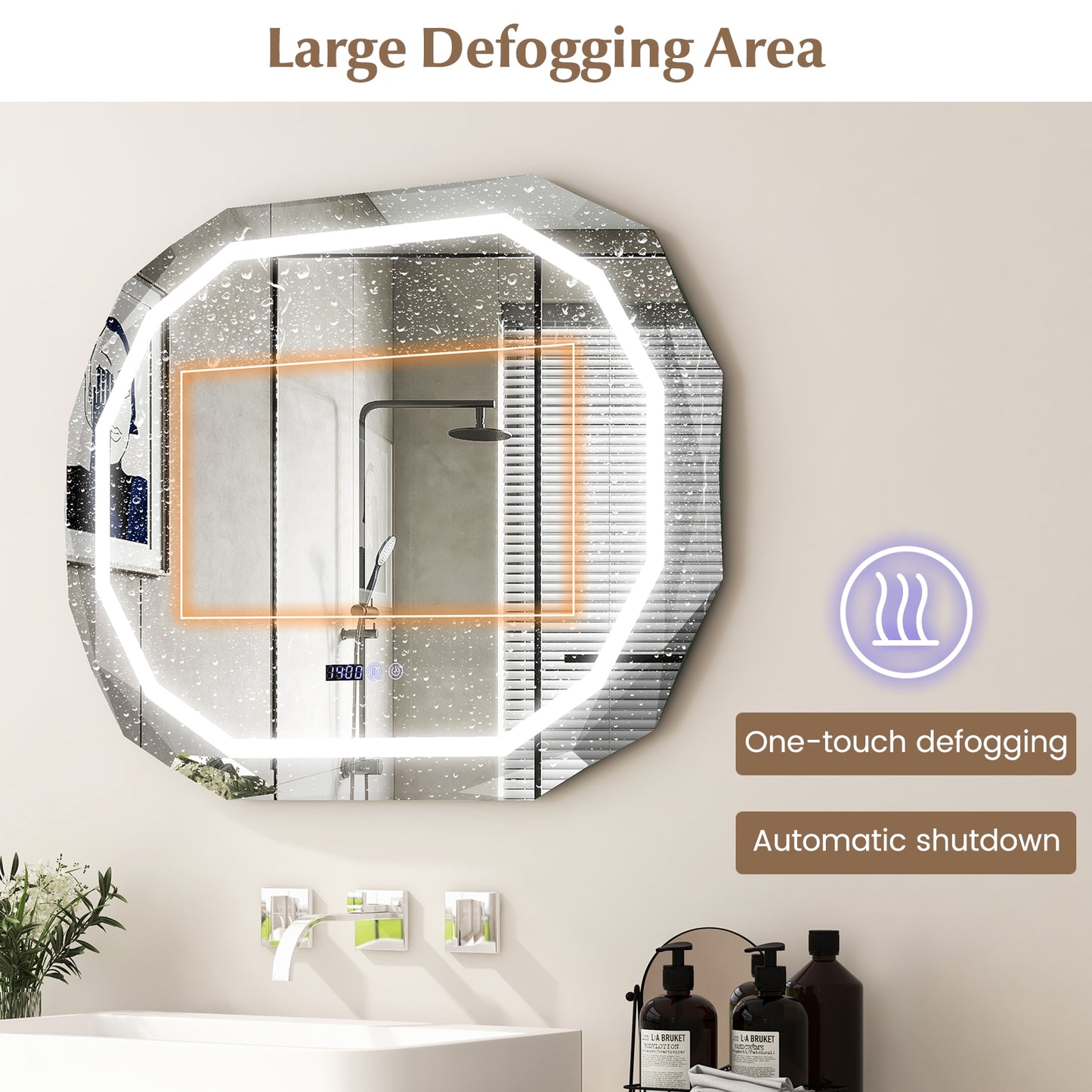 Anti-Fog Bathroom Mirror with 3 Color LED Light Memory Function Kids Crystal
