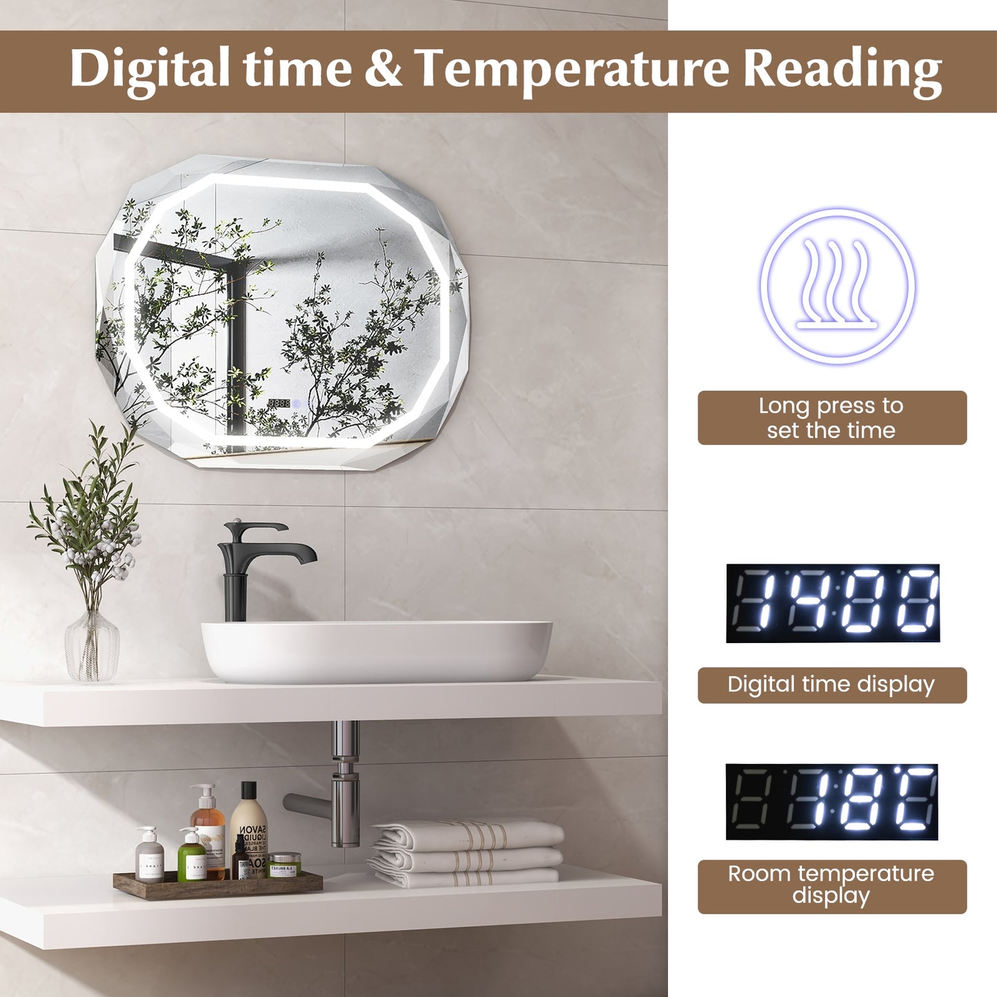 Anti-Fog Bathroom Mirror with 3 Color LED Light Memory Function Kids Crystal