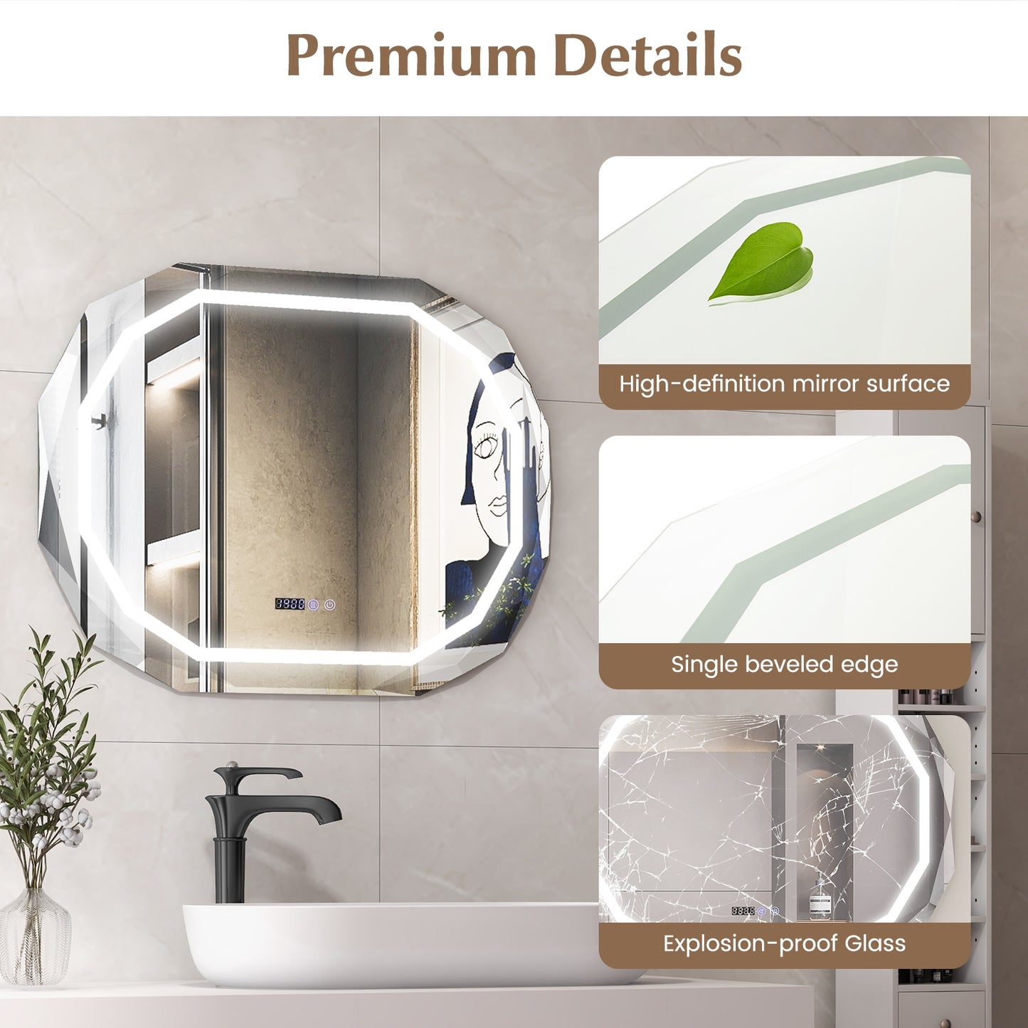 Anti-Fog Bathroom Mirror with 3 Color LED Light Memory Function Kids Crystal