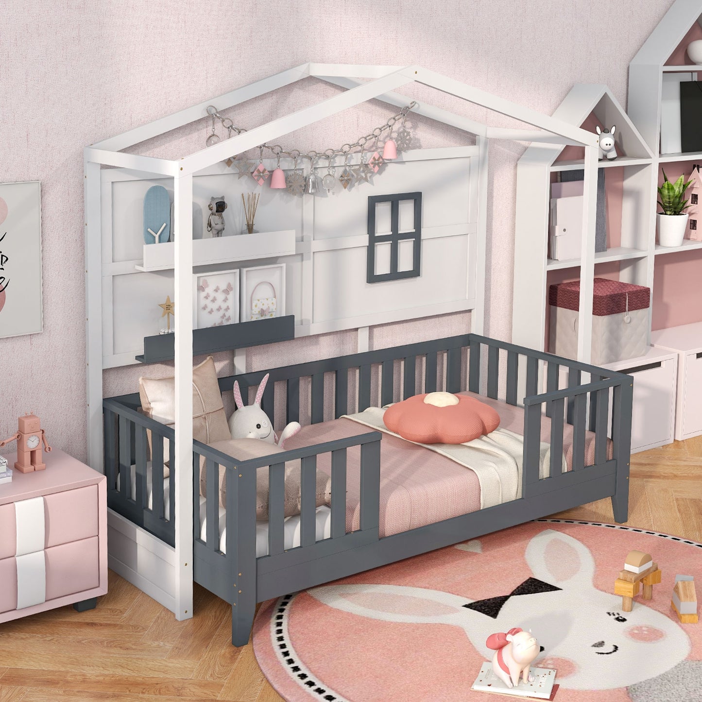 Twin Wood House Bed Montessori Floor Bed with 2 Shelves and Guardrails-Gray & White Kids Crystal