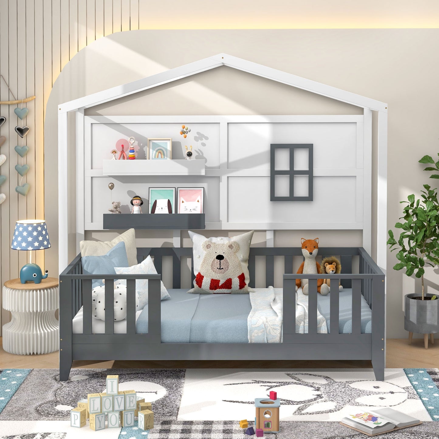 Twin Wood House Bed Montessori Floor Bed with 2 Shelves and Guardrails-Gray & White Kids Crystal