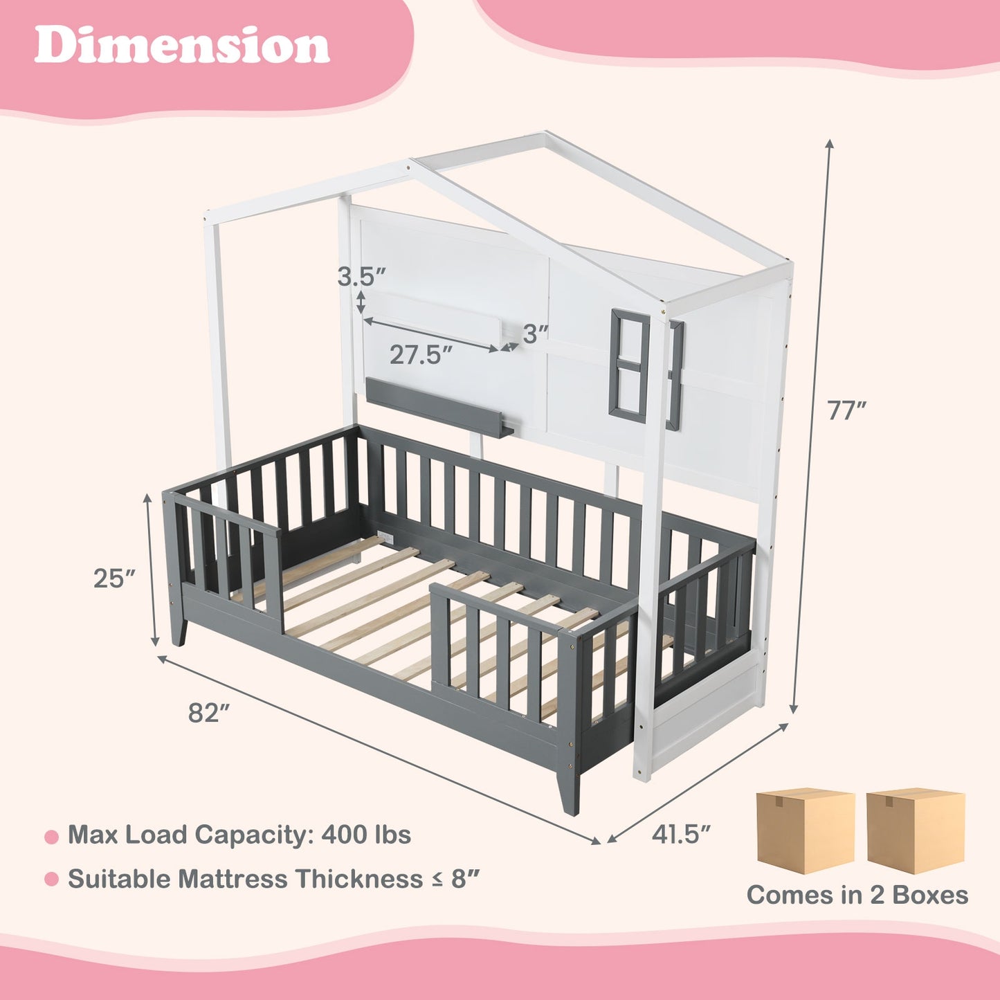 Twin Wood House Bed Montessori Floor Bed with 2 Shelves and Guardrails-Gray & White Kids Crystal