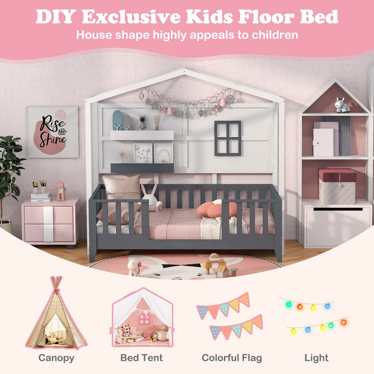 Twin Wood House Bed Montessori Floor Bed with 2 Shelves and Guardrails-Gray & White Kids Crystal