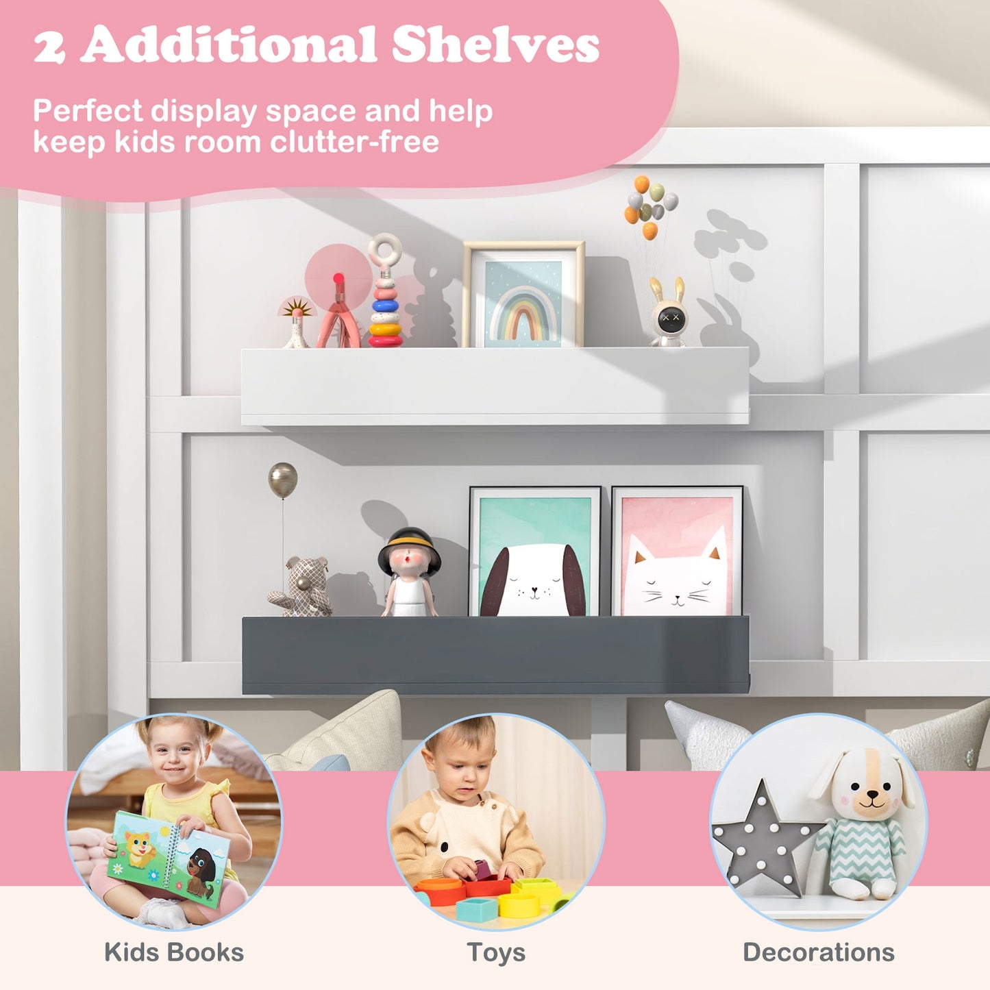 Twin Wood House Bed Montessori Floor Bed with 2 Shelves and Guardrails-Gray & White Kids Crystal