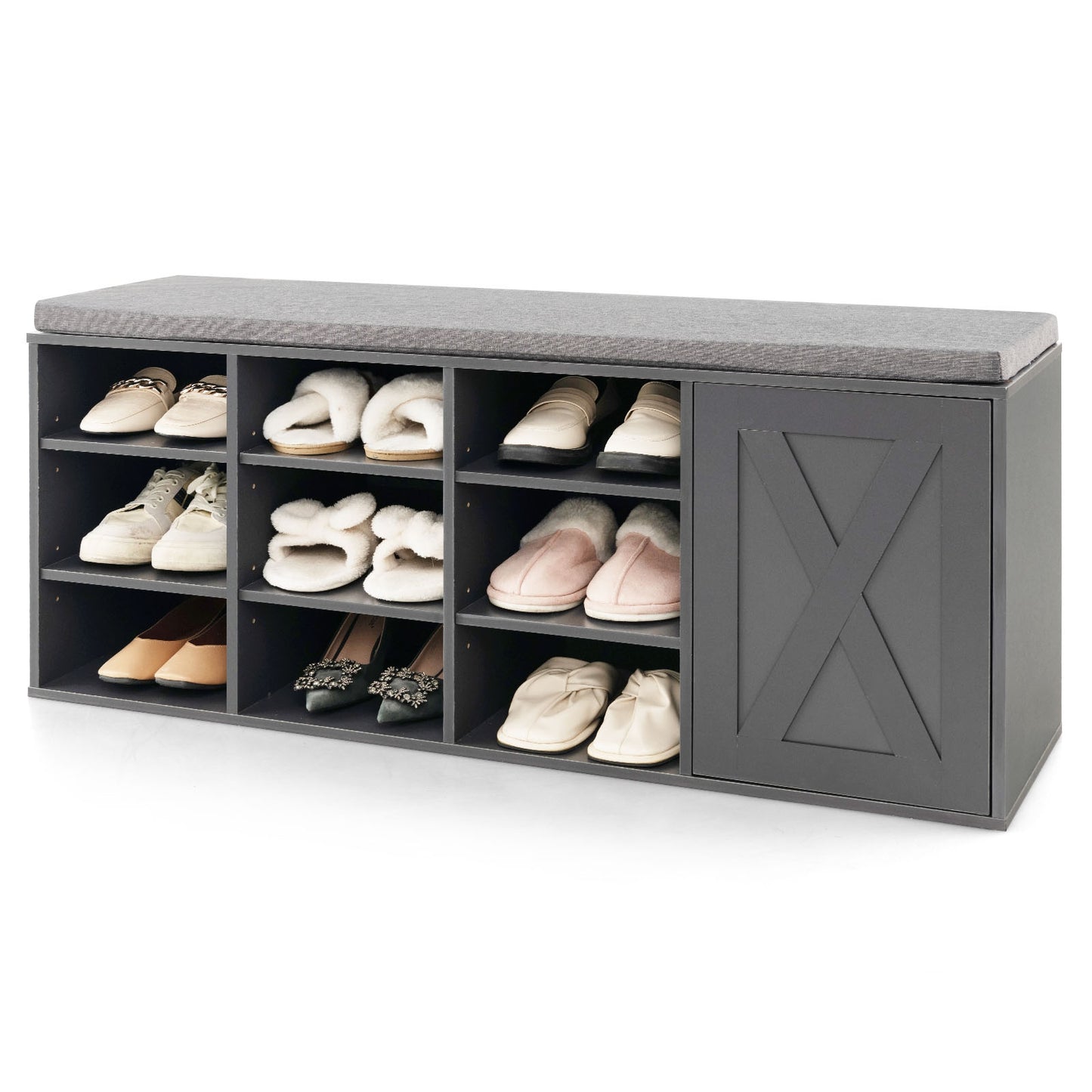 9-cube Shoe Bench with Adjustable Shelves and Removable Padded Cushion-Gray Kids Crystal