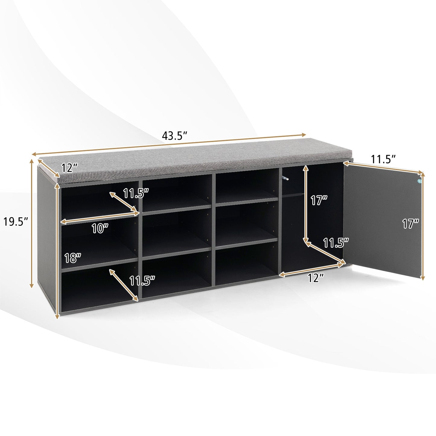 9-cube Shoe Bench with Adjustable Shelves and Removable Padded Cushion-Gray Kids Crystal