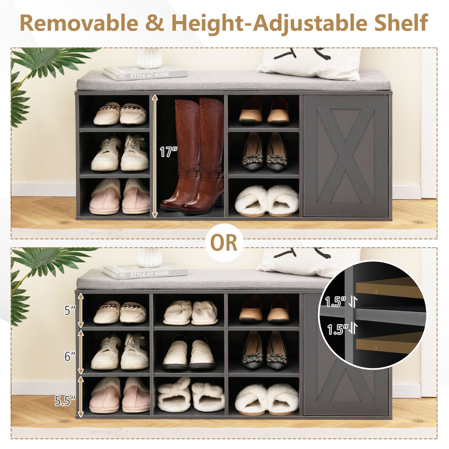 9-cube Shoe Bench with Adjustable Shelves and Removable Padded Cushion-Gray Kids Crystal