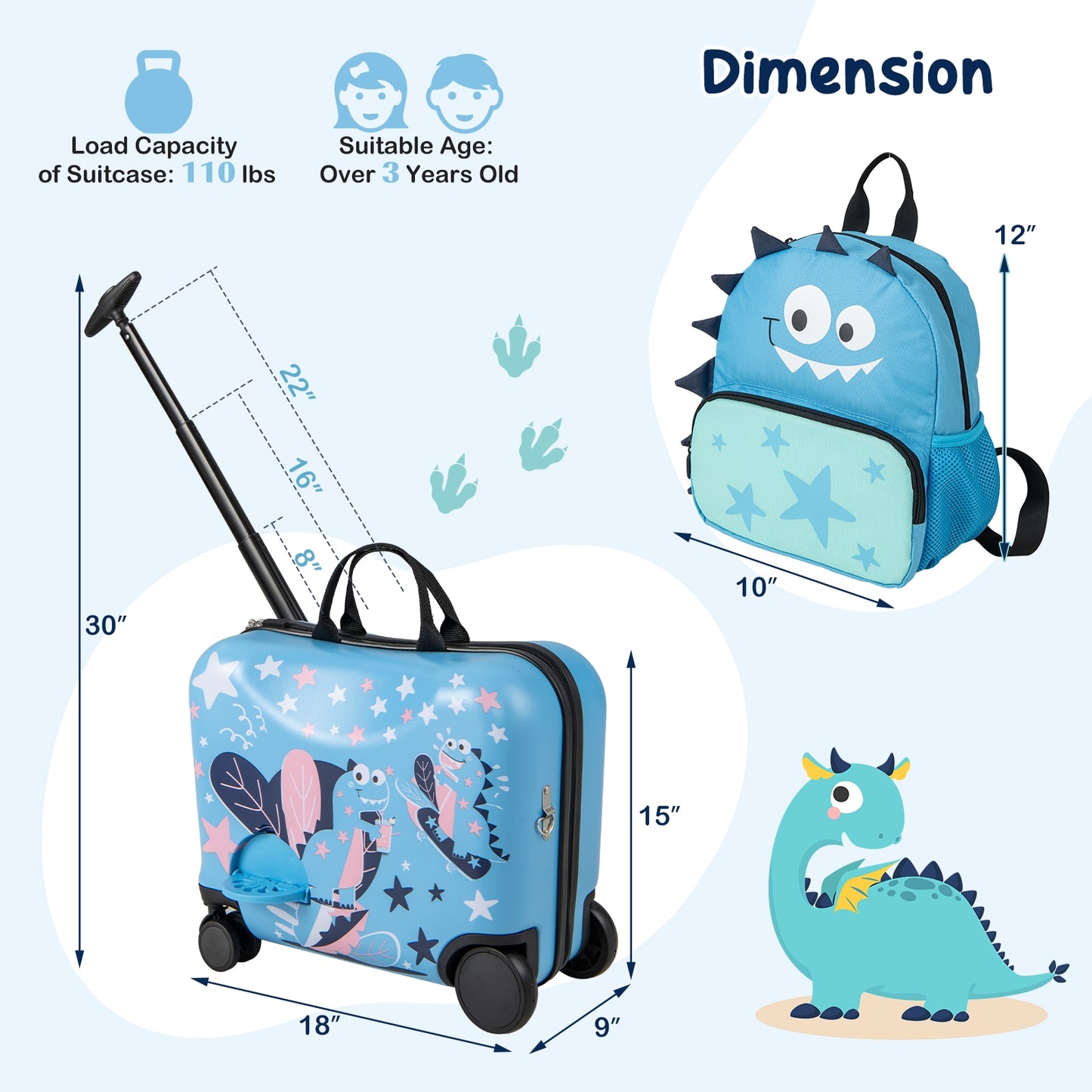 2 Pieces Kid Luggage Set with Spinner Wheels and Aluminum Handle-Blue Kids Crystal