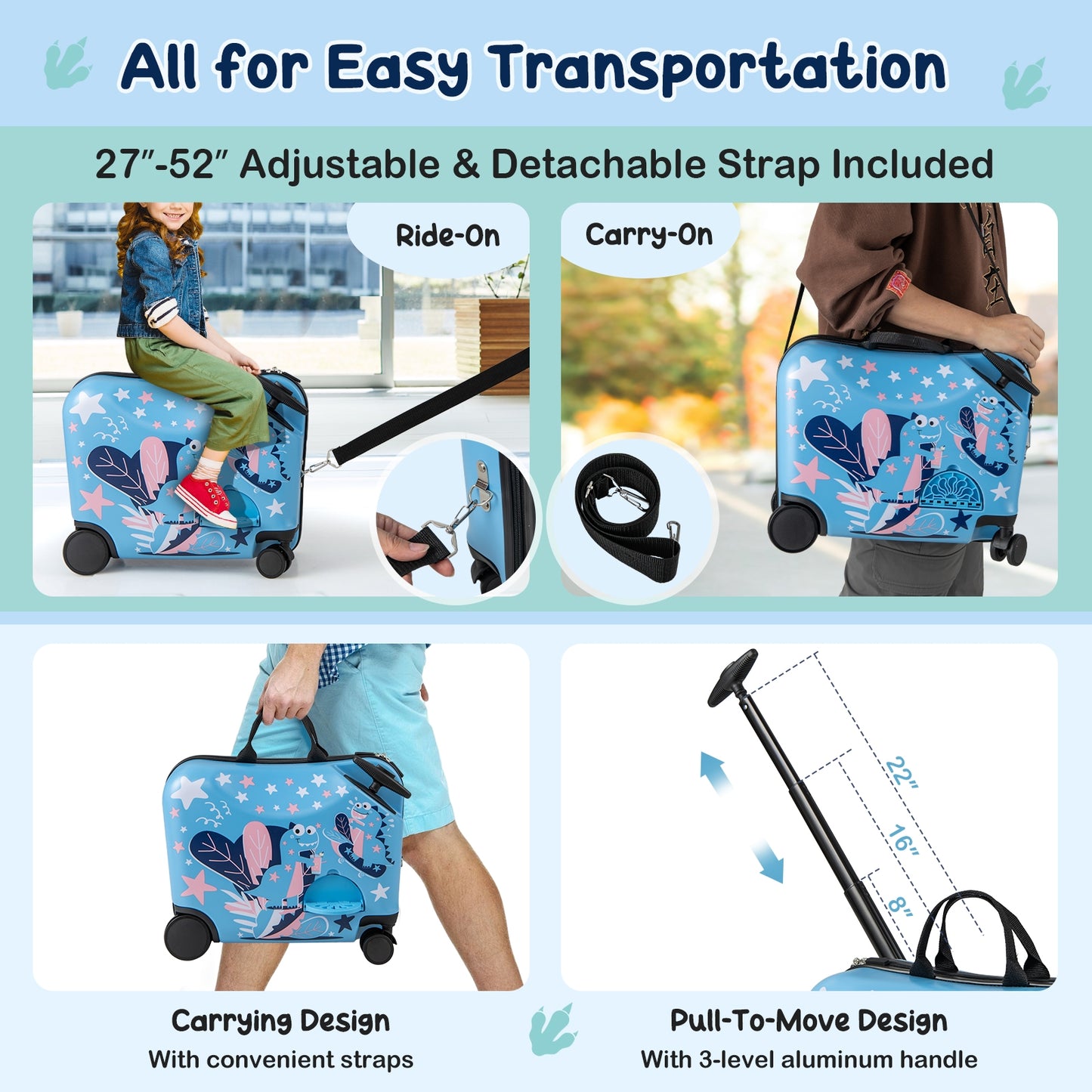 2 Pieces Kid Luggage Set with Spinner Wheels and Aluminum Handle-Blue Kids Crystal