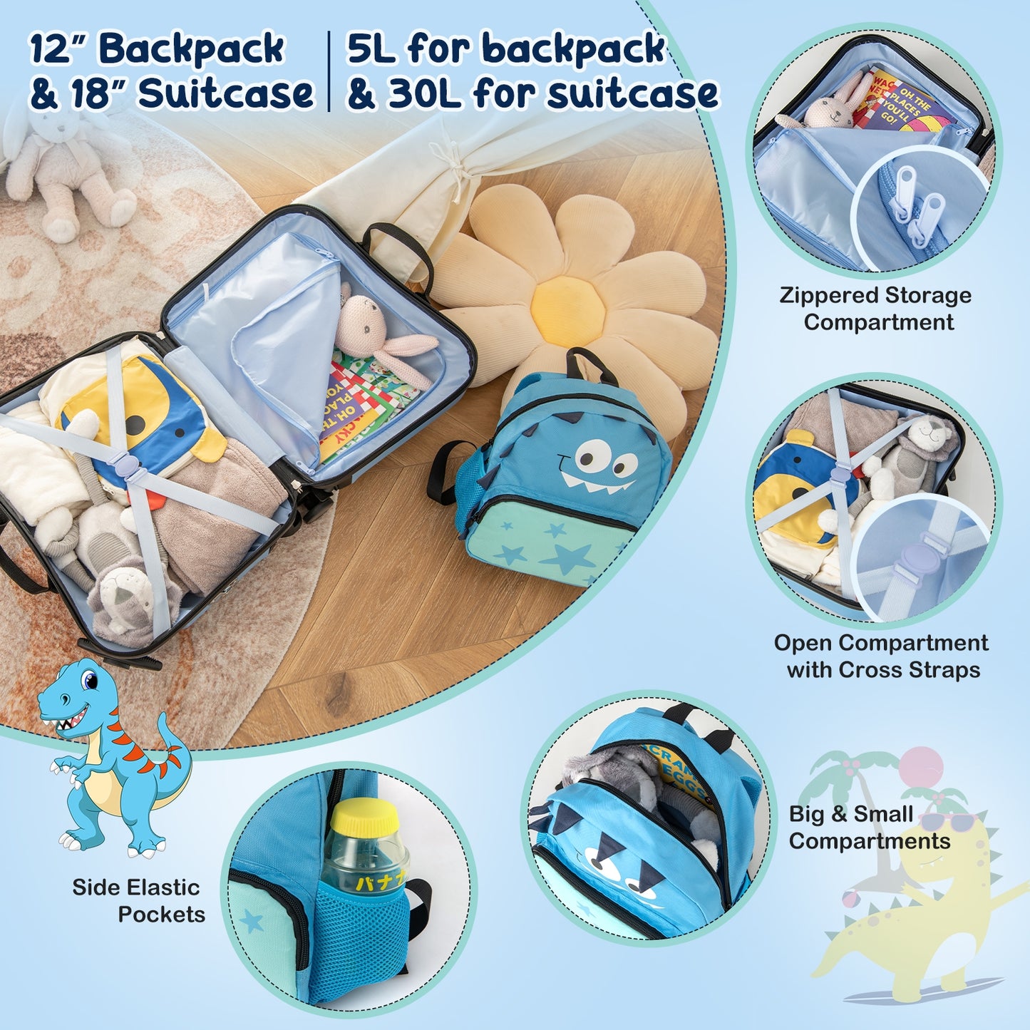 2 Pieces Kid Luggage Set with Spinner Wheels and Aluminum Handle-Blue Kids Crystal