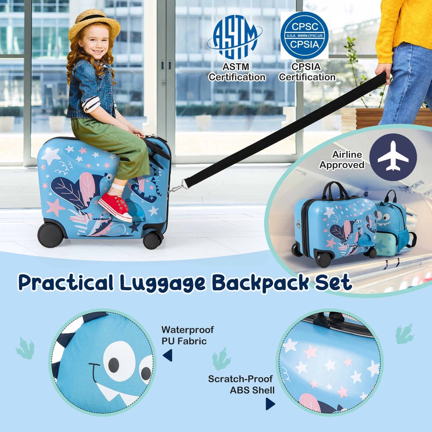 2 Pieces Kid Luggage Set with Spinner Wheels and Aluminum Handle-Blue Kids Crystal