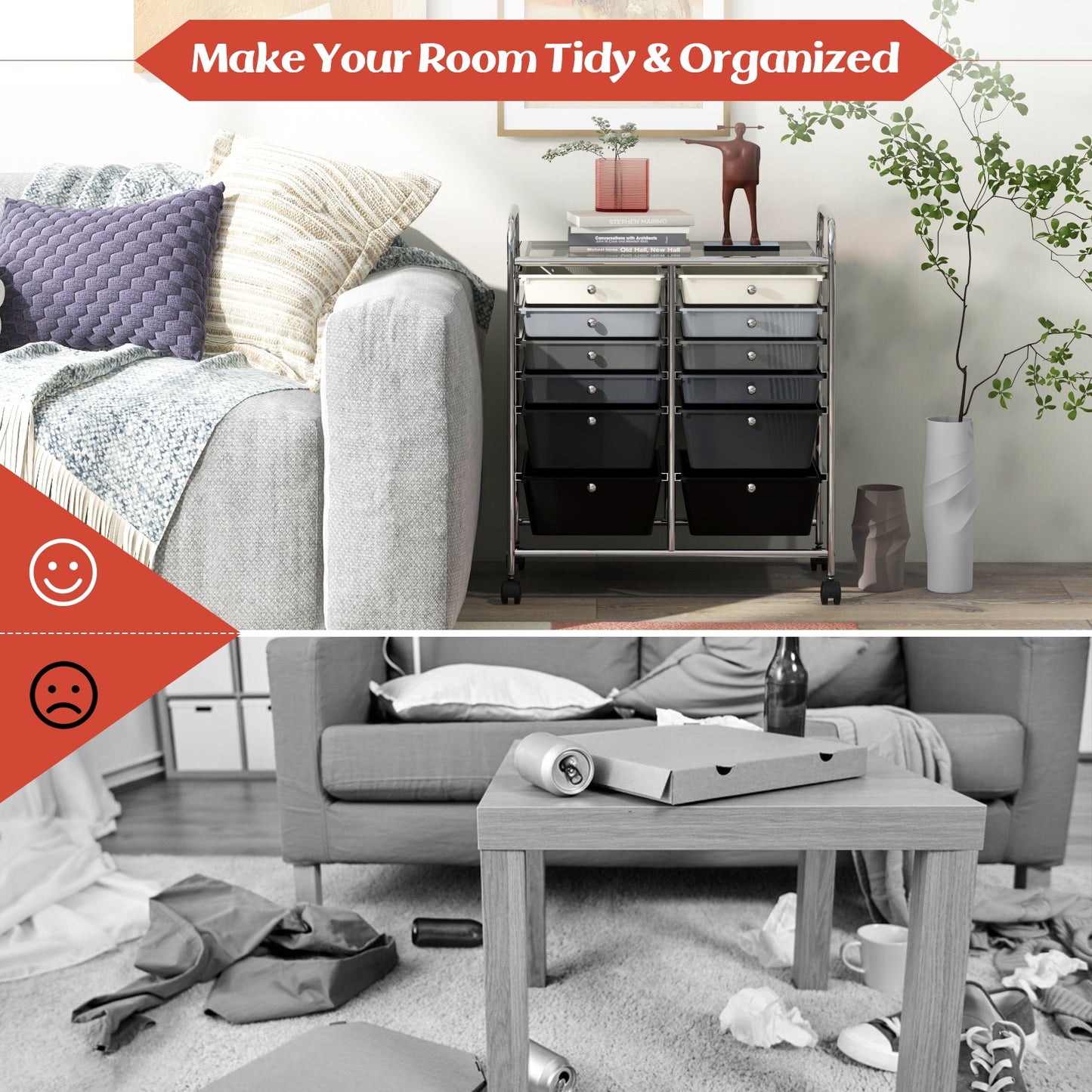 12-Drawer Rolling Storage Cart with Removable Drawers and Lockable Wheels-Gray Kids Crystal