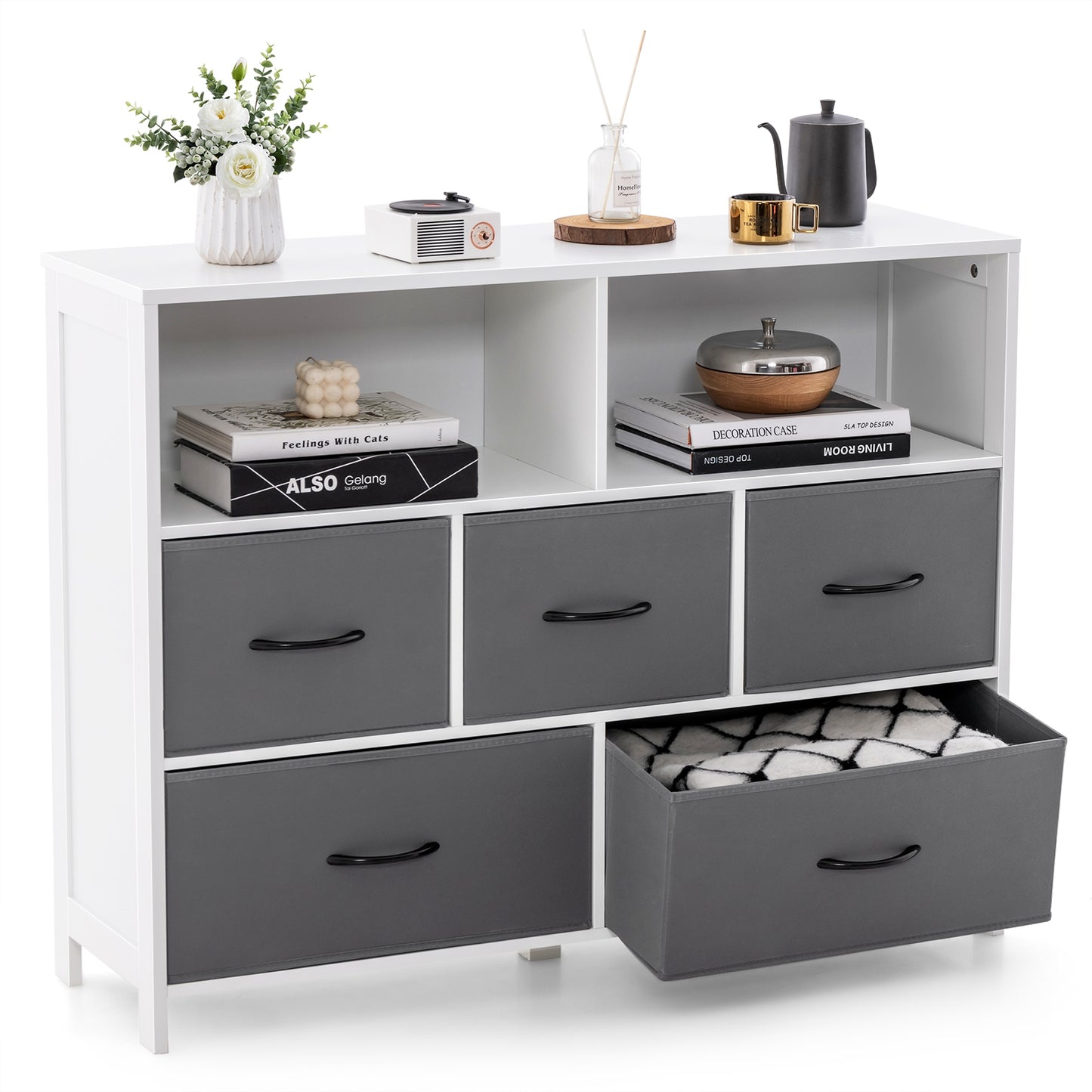 Fabric Dresser with 5 Drawers for Bedroom-White Kids Crystal