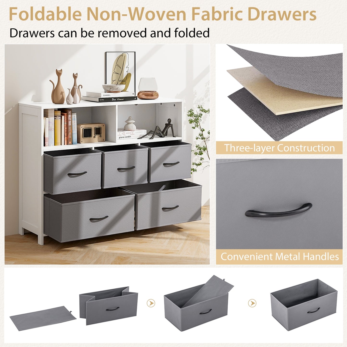 Fabric Dresser with 5 Drawers for Bedroom-White Kids Crystal