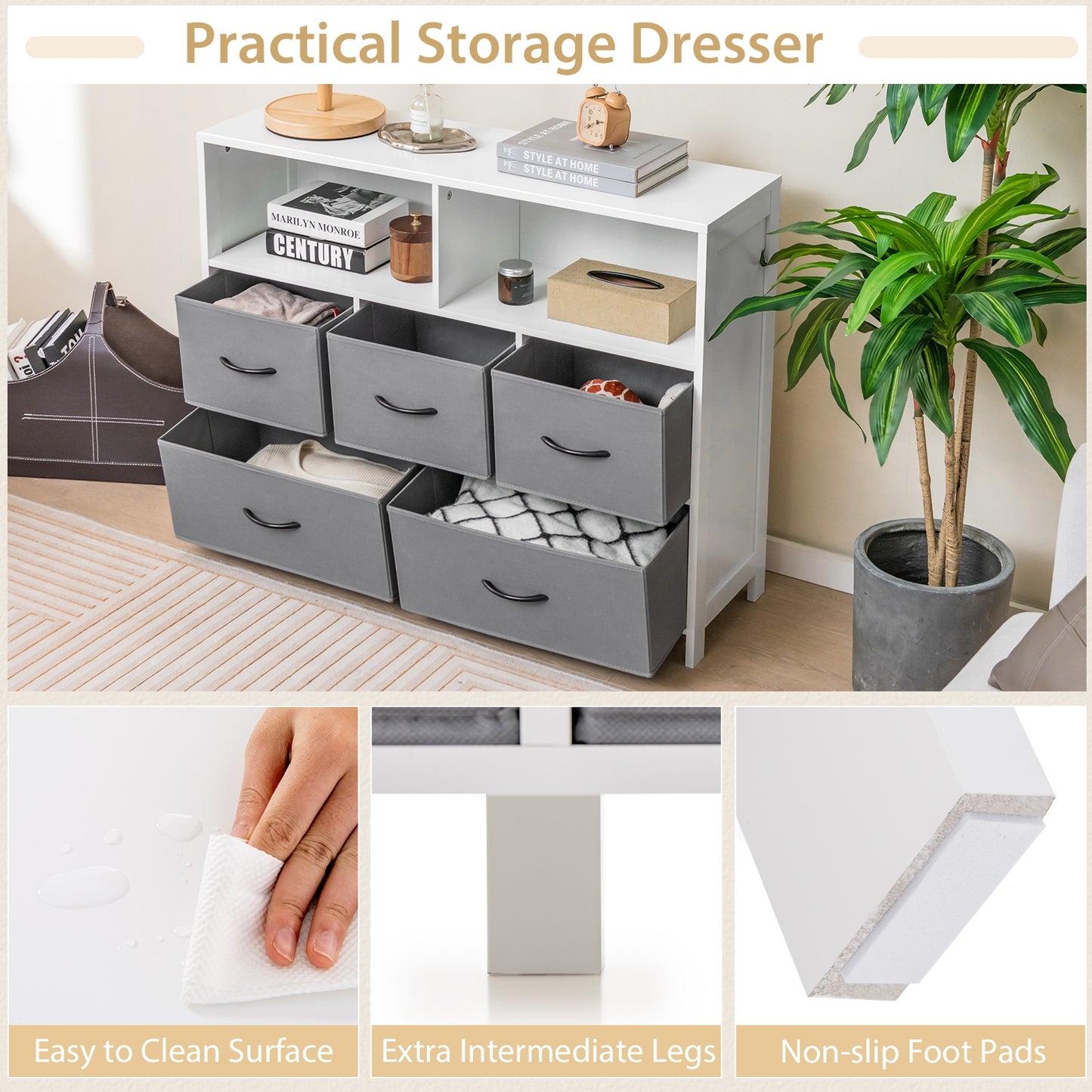 Fabric Dresser with 5 Drawers for Bedroom-White Kids Crystal
