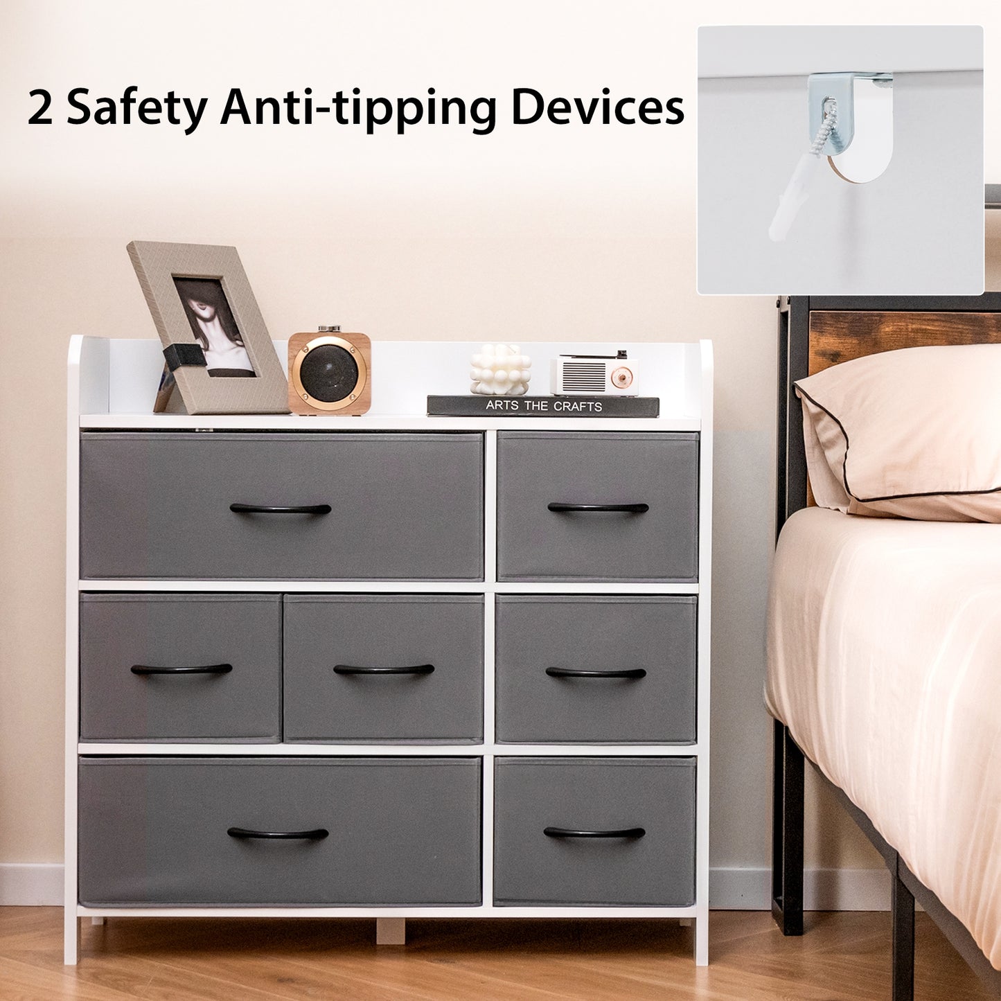 Fabric Dresser with 7 Drawers for Bedroom-White Kids Crystal