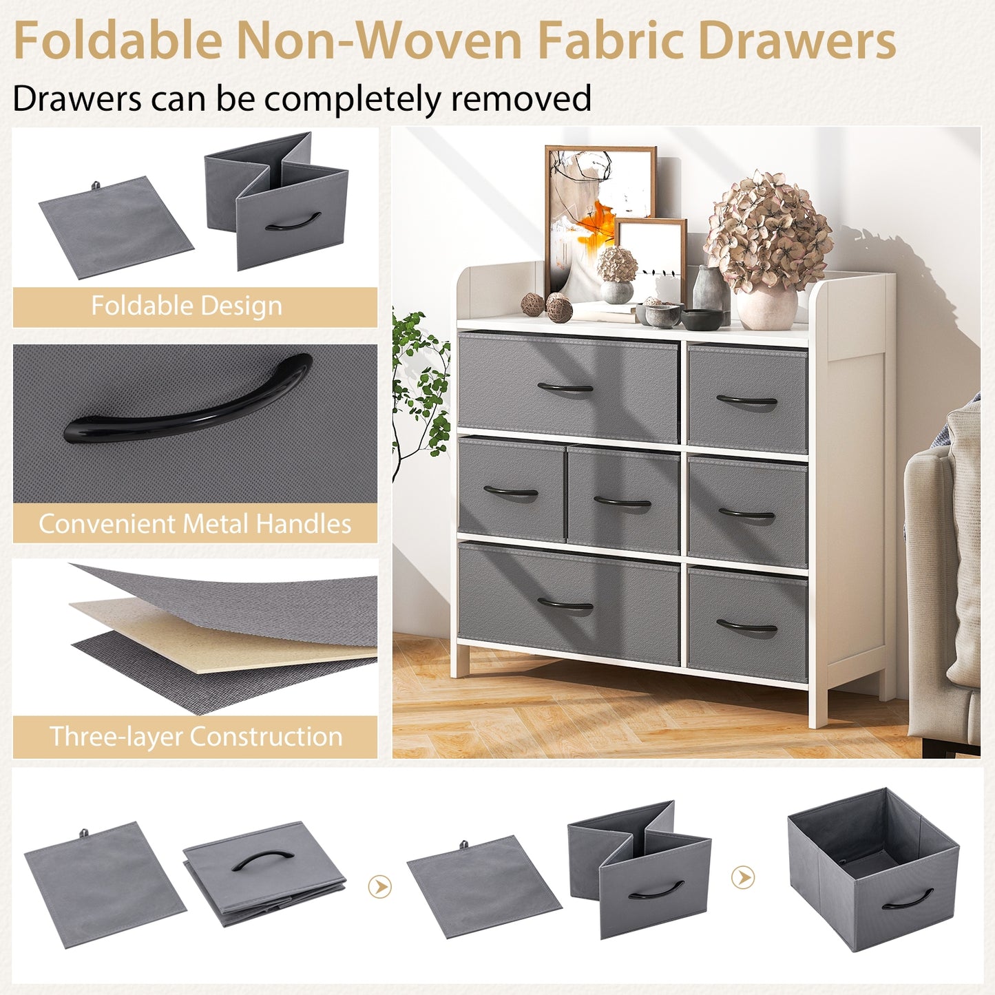 Fabric Dresser with 7 Drawers for Bedroom-White Kids Crystal