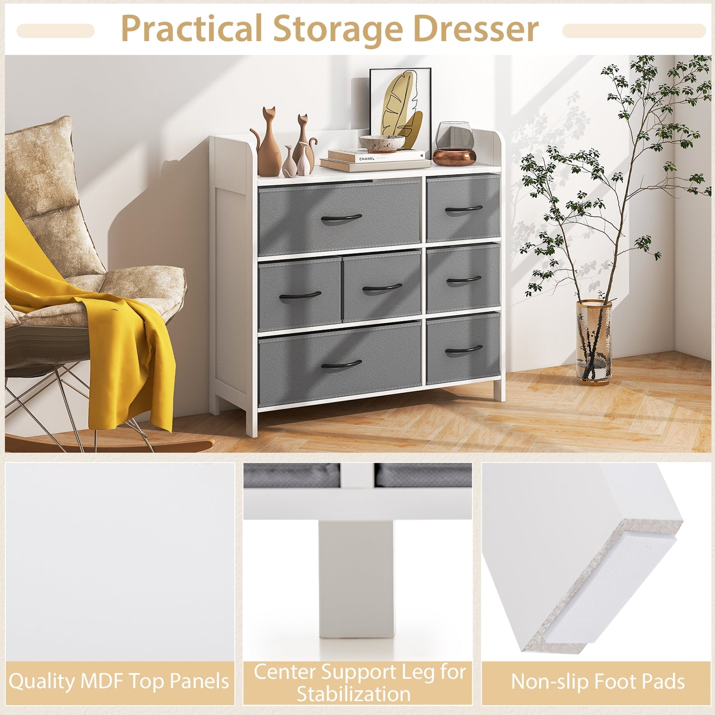 Fabric Dresser with 7 Drawers for Bedroom-White Kids Crystal
