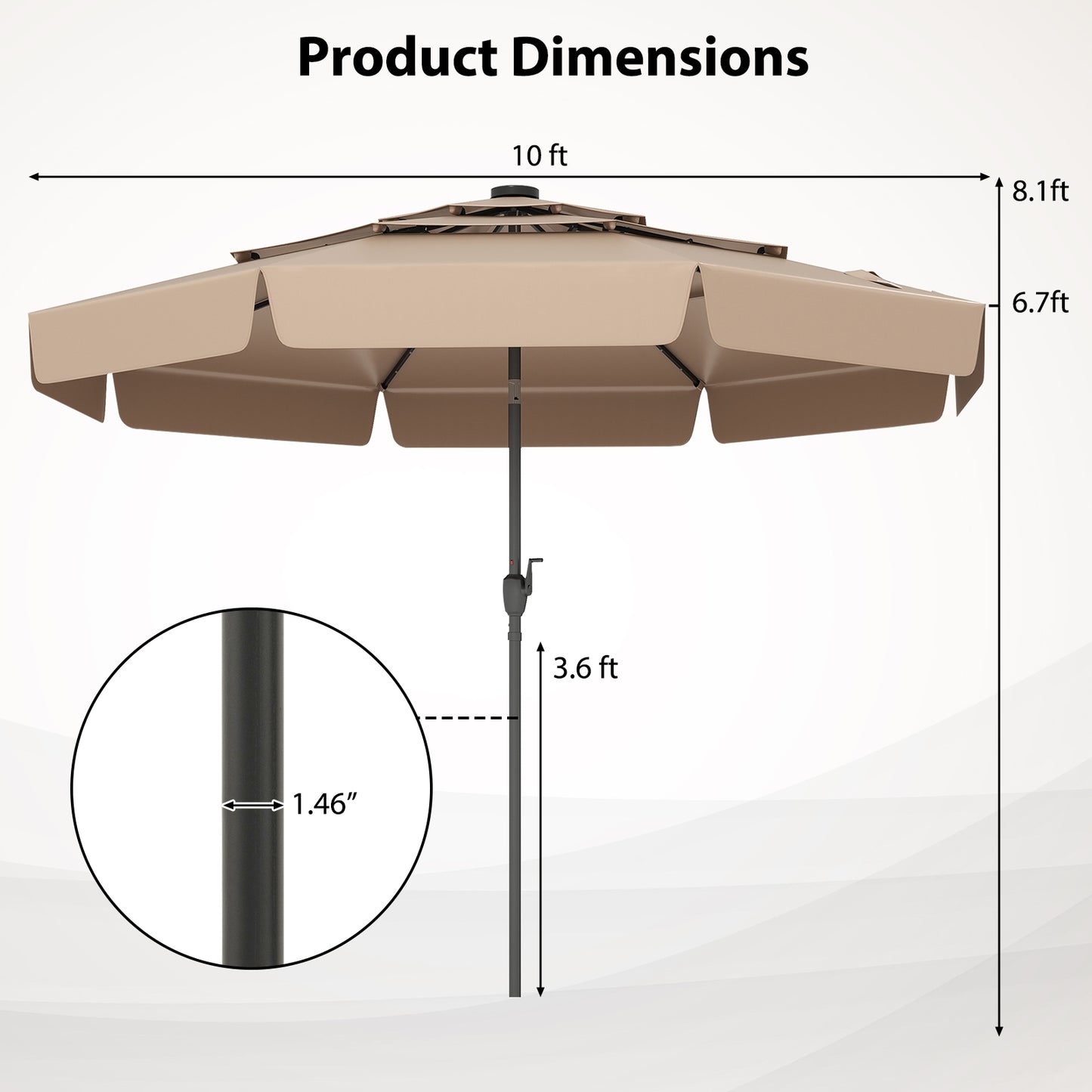 10 Feet Solar Patio Umbrella with 3-Tier Vented Top-Taupe