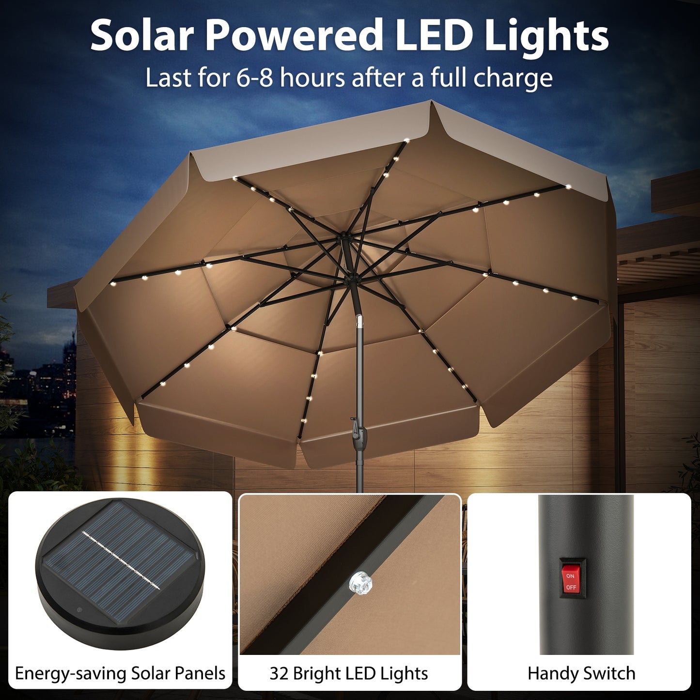 10 Feet Solar Patio Umbrella with 3-Tier Vented Top-Taupe