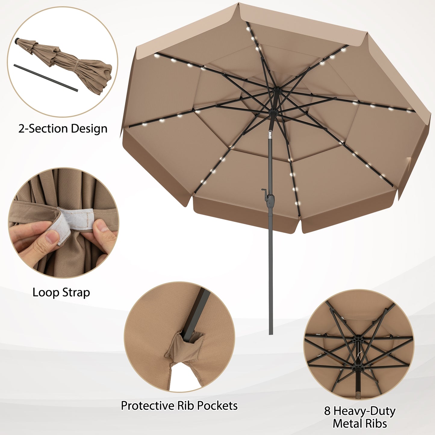 10 Feet Solar Patio Umbrella with 3-Tier Vented Top-Taupe