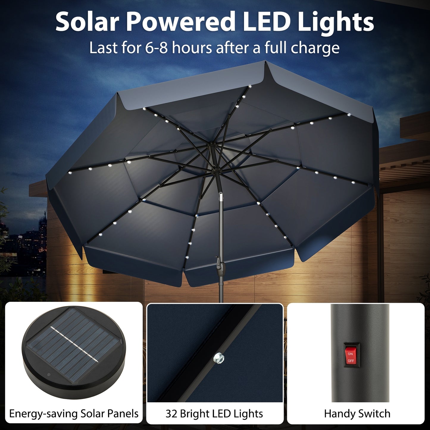 10 Feet Solar Patio Umbrella with 3-Tier Vented Top-Navy