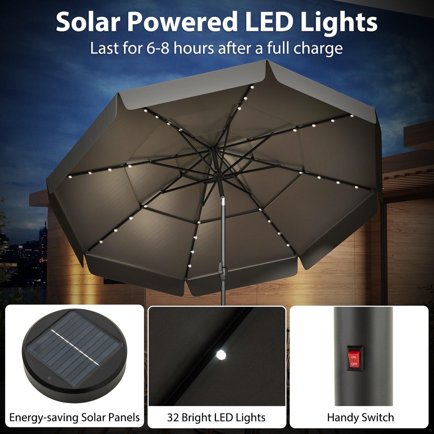 10 Feet Solar Patio Umbrella with 3-Tier Vented Top-Gray