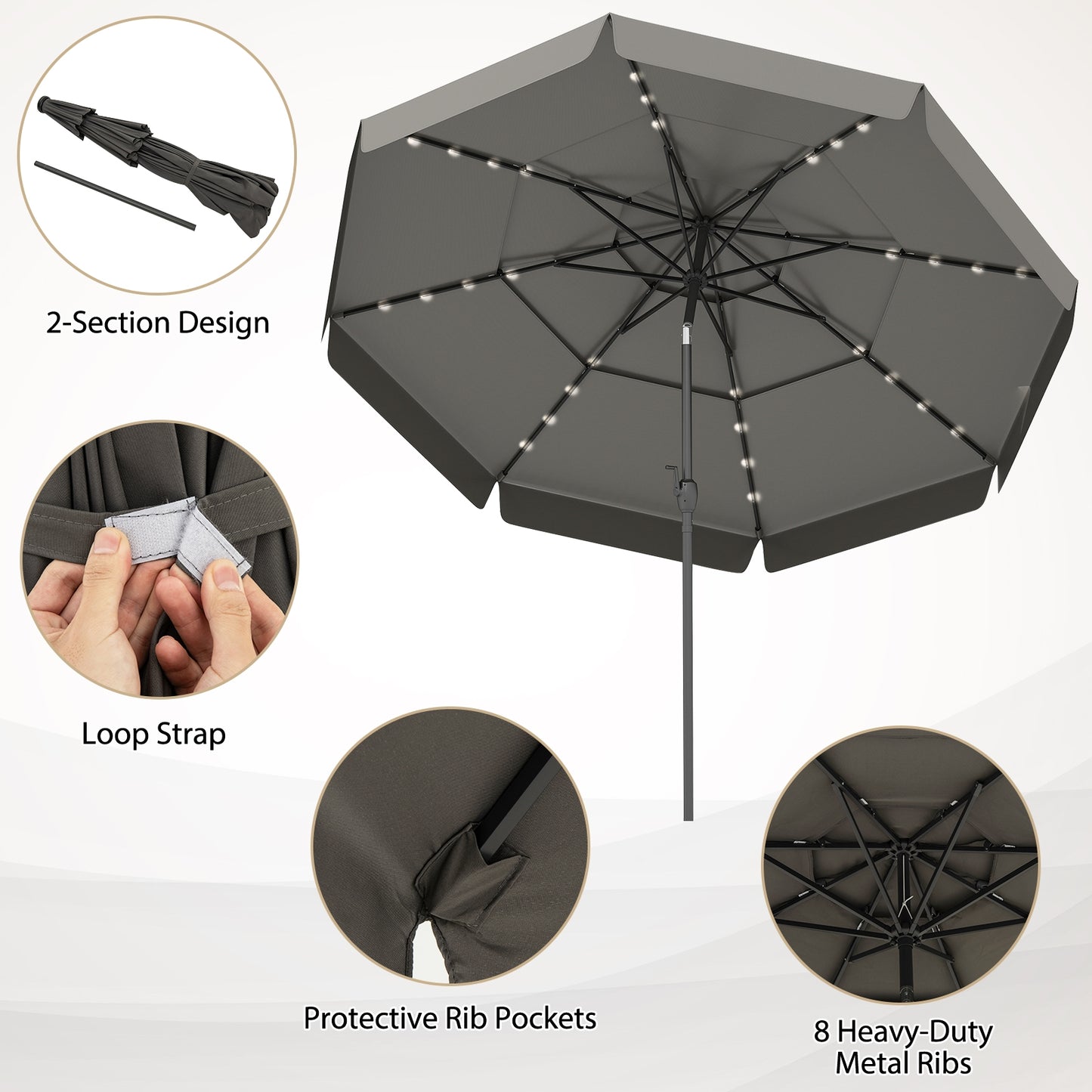10 Feet Solar Patio Umbrella with 3-Tier Vented Top-Gray