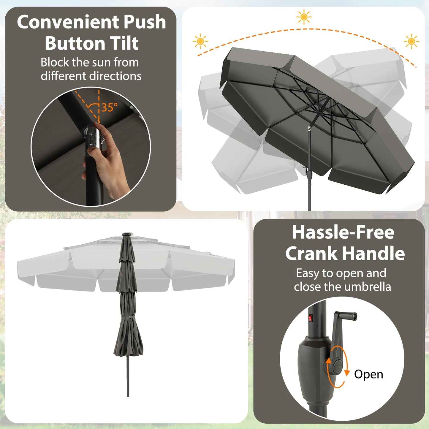10 Feet Solar Patio Umbrella with 3-Tier Vented Top-Gray