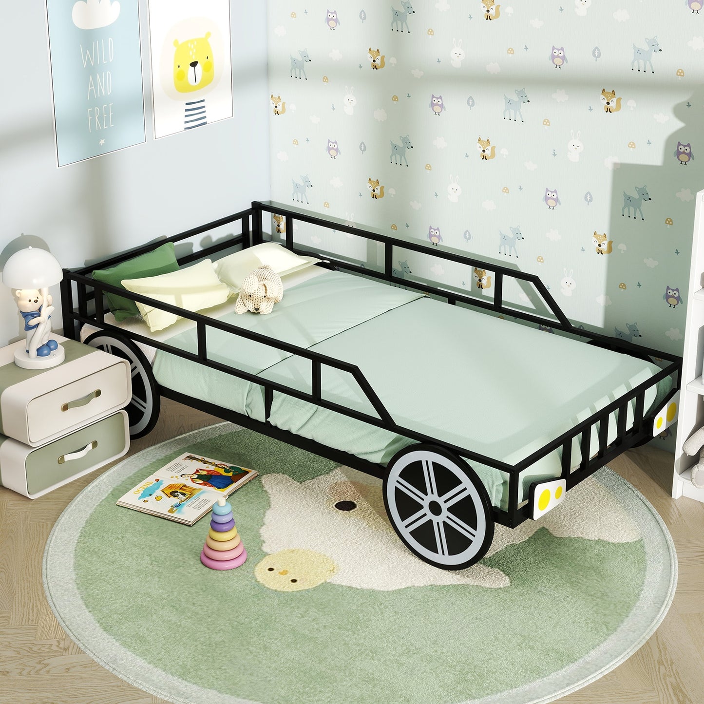 Twin-Size Kids Metal Bed Frame Car-Shaped with Safety Guardrails-Twin Size Kids Crystal