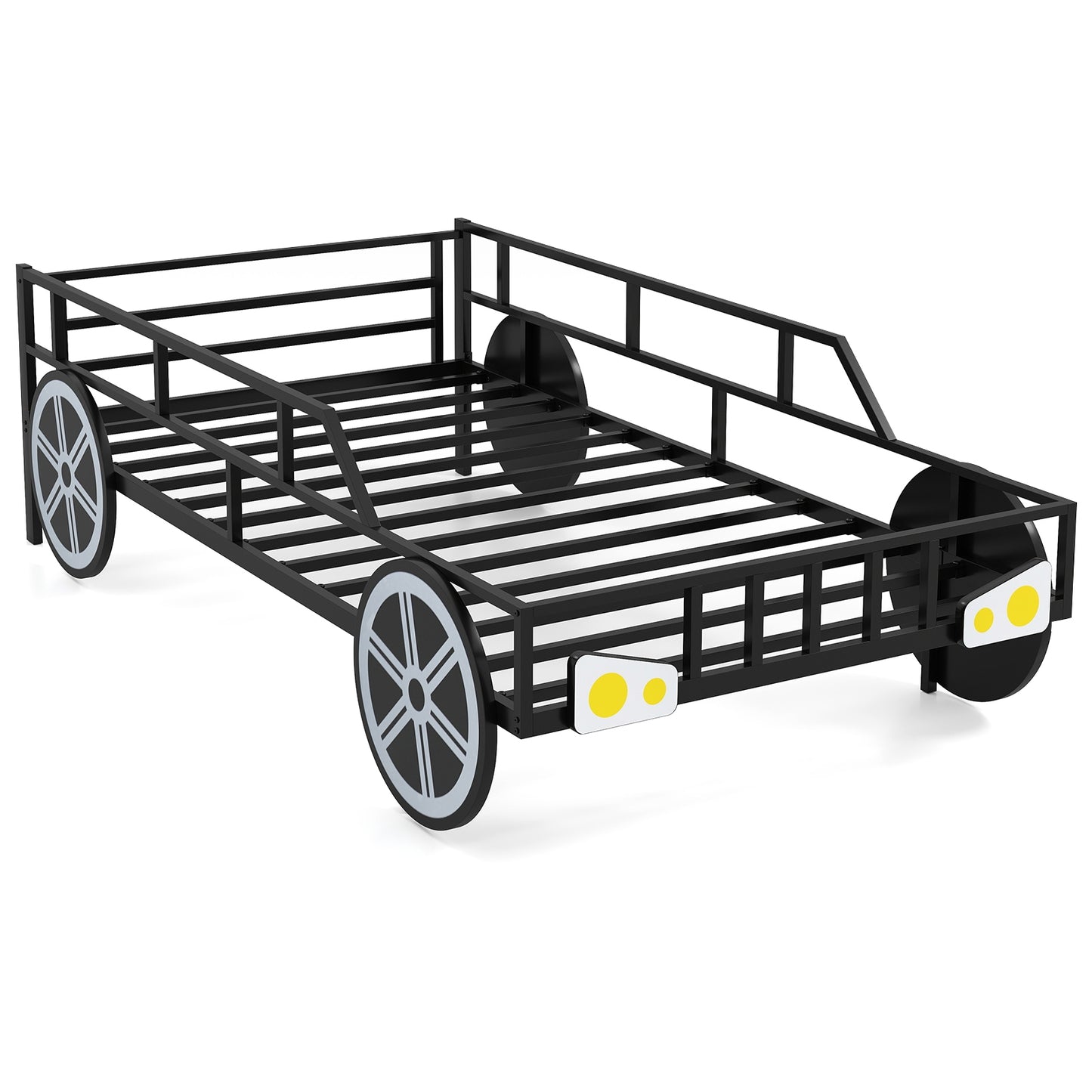 Twin-Size Kids Metal Bed Frame Car-Shaped with Safety Guardrails-Twin Size Kids Crystal