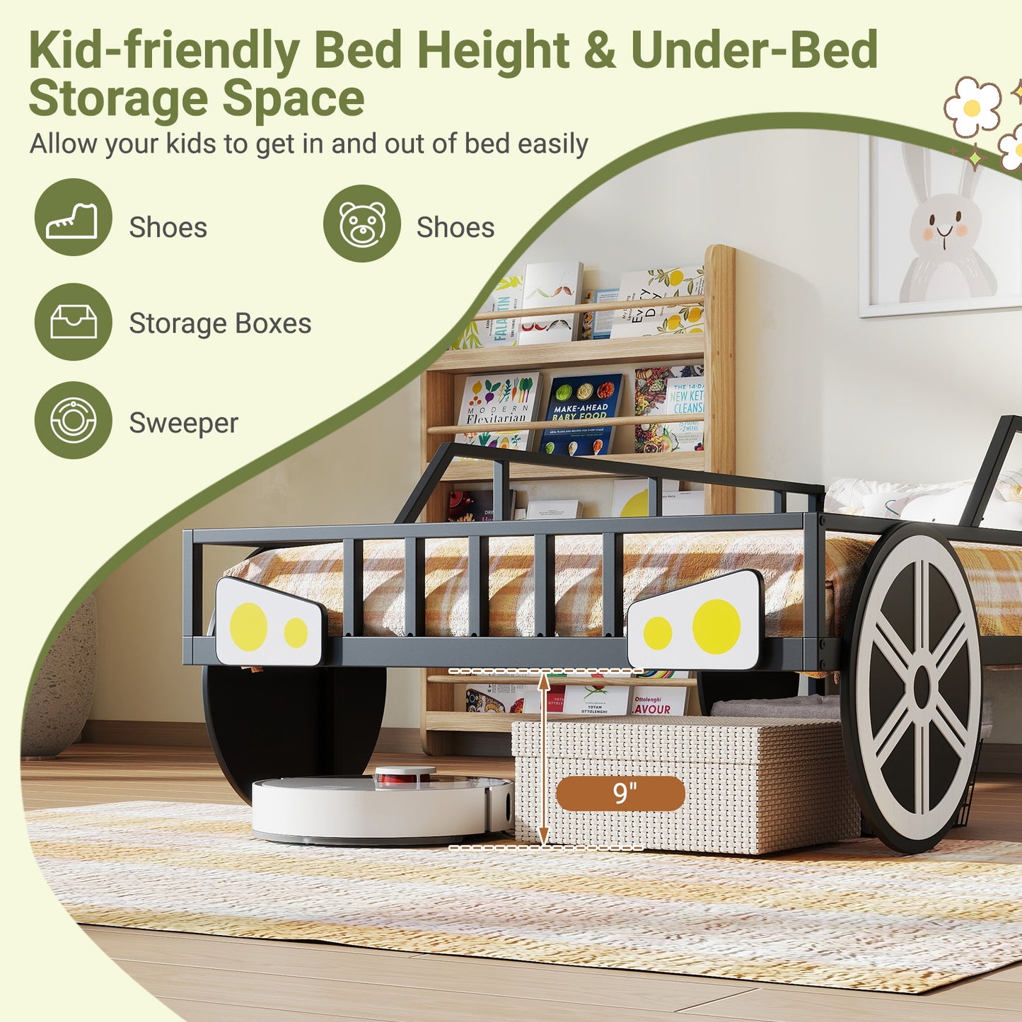 Twin-Size Kids Metal Bed Frame Car-Shaped with Safety Guardrails-Twin Size Kids Crystal