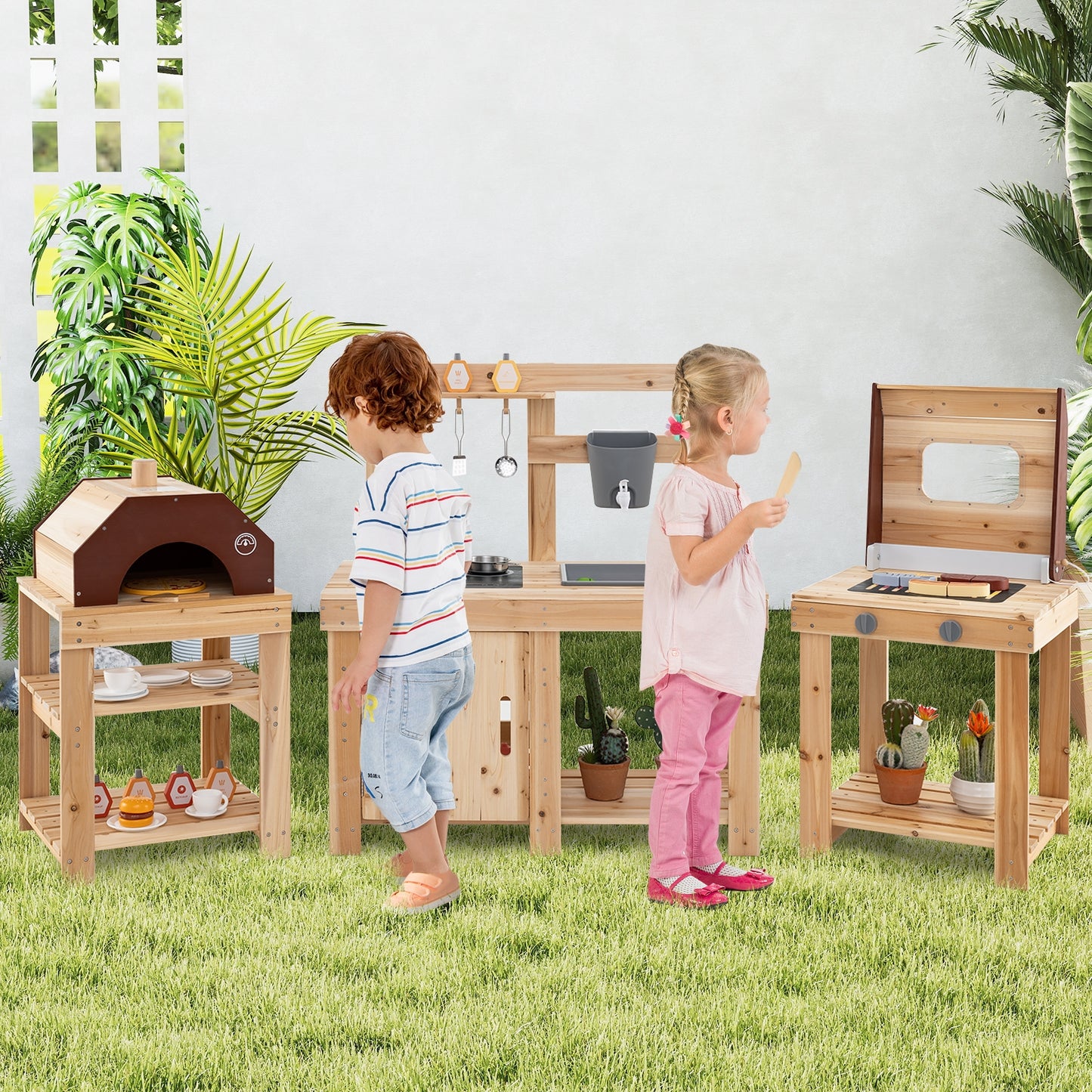 3-Piece Outdoor Kitchen Set Mud Kitchen with Separate BBQ Grill and Pizza Oven-Natural Kids Crystal